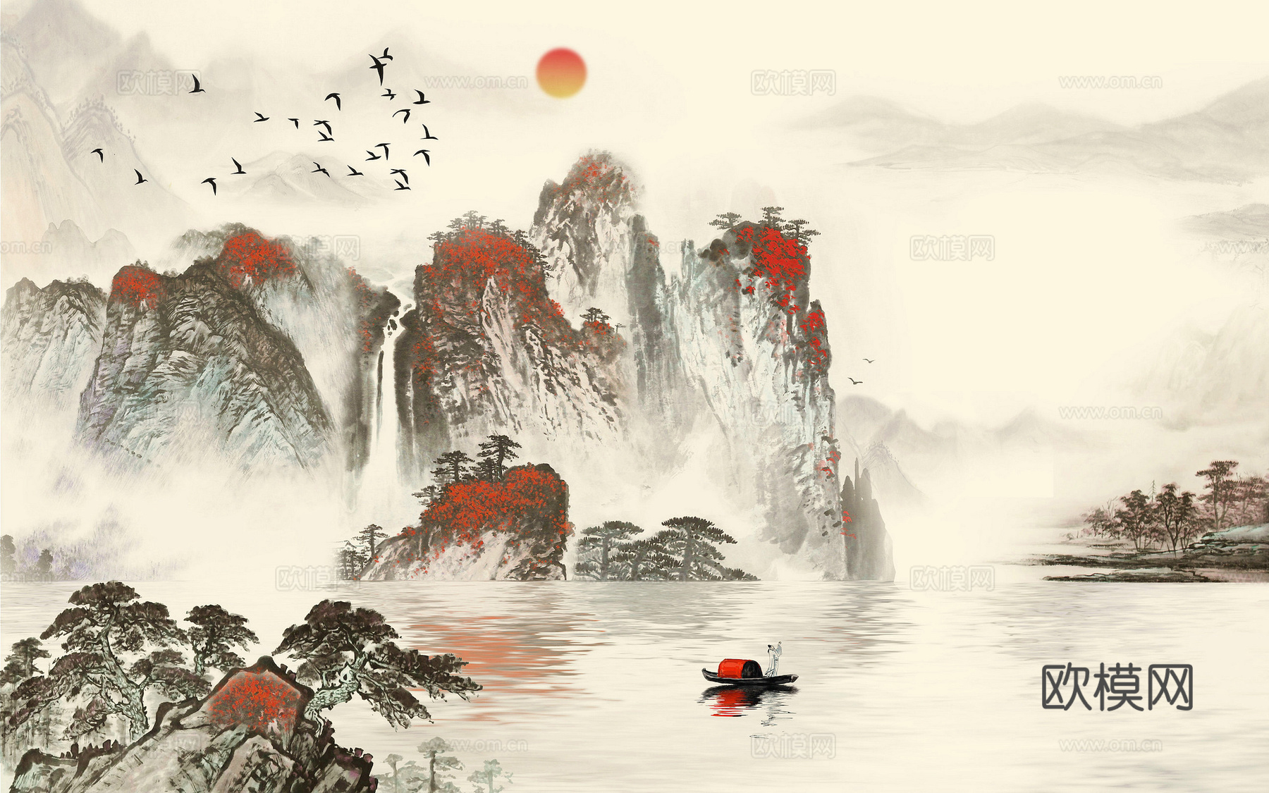 新中式壁纸壁画壁布墙纸墙布云海山水字画花鸟仙鹤荷花花鸟建筑背下载