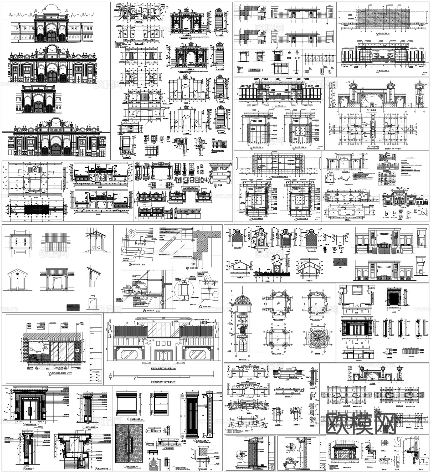 中式欧式门头小区住宅大门传达室特色门头详图CAD素材图库cad施工图