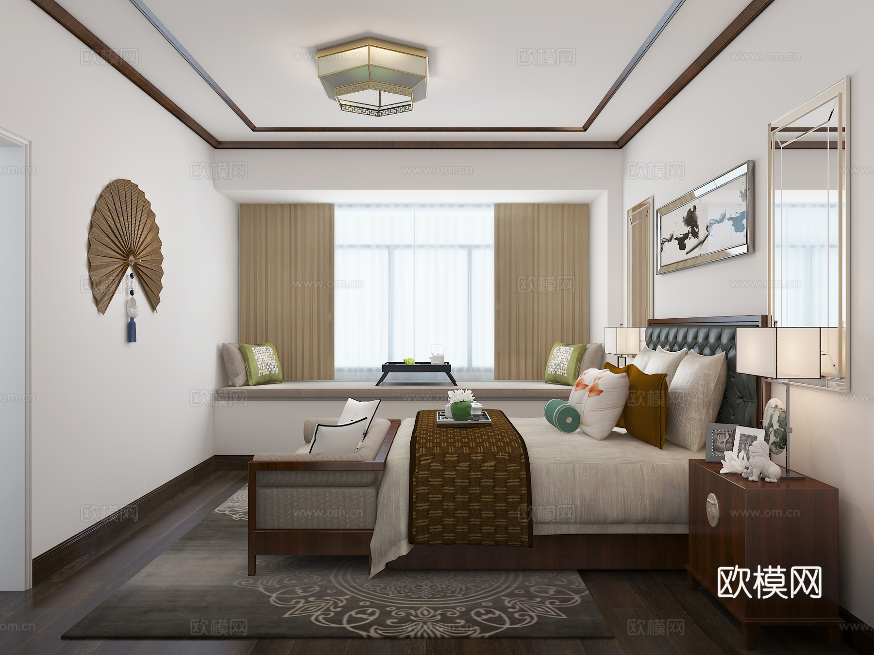 新中式主卧室 吸顶灯 双人床 床尾凳 台灯 飘窗3d模型下载（渲染图1）