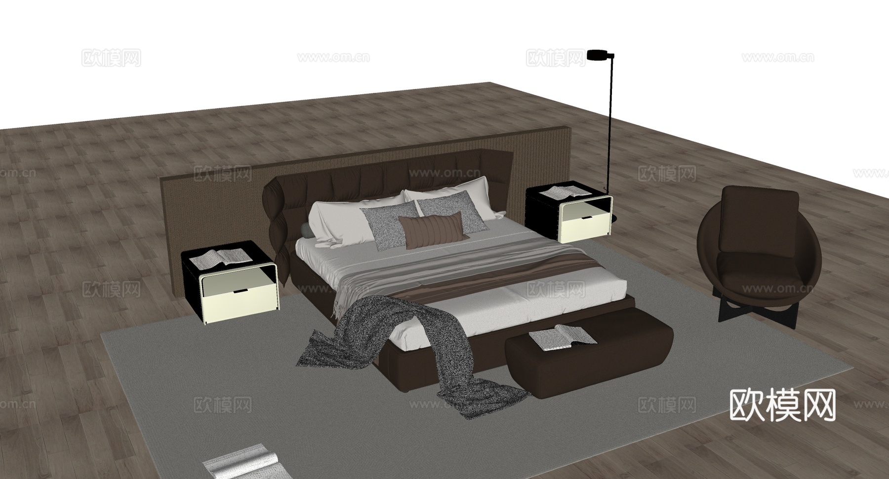 现代简约卧室 褶皱床头皮质床 配套皮椅皮凳 皮质单人椅su模型