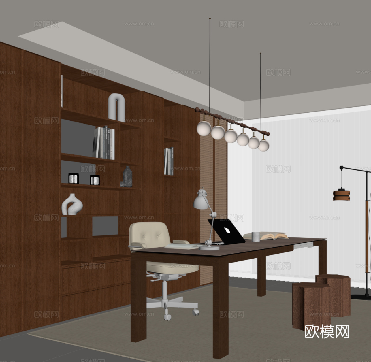 中古风书房 书桌椅 书柜su模型