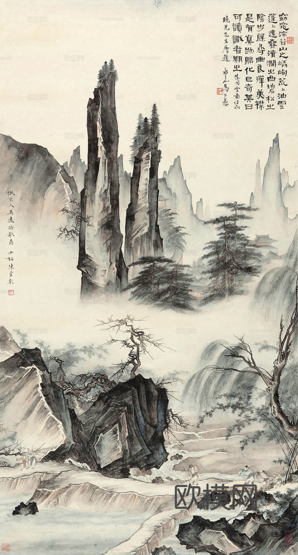 新中式壁纸壁画壁布墙纸墙布云海山水字画花鸟仙鹤荷花花鸟建筑背下载