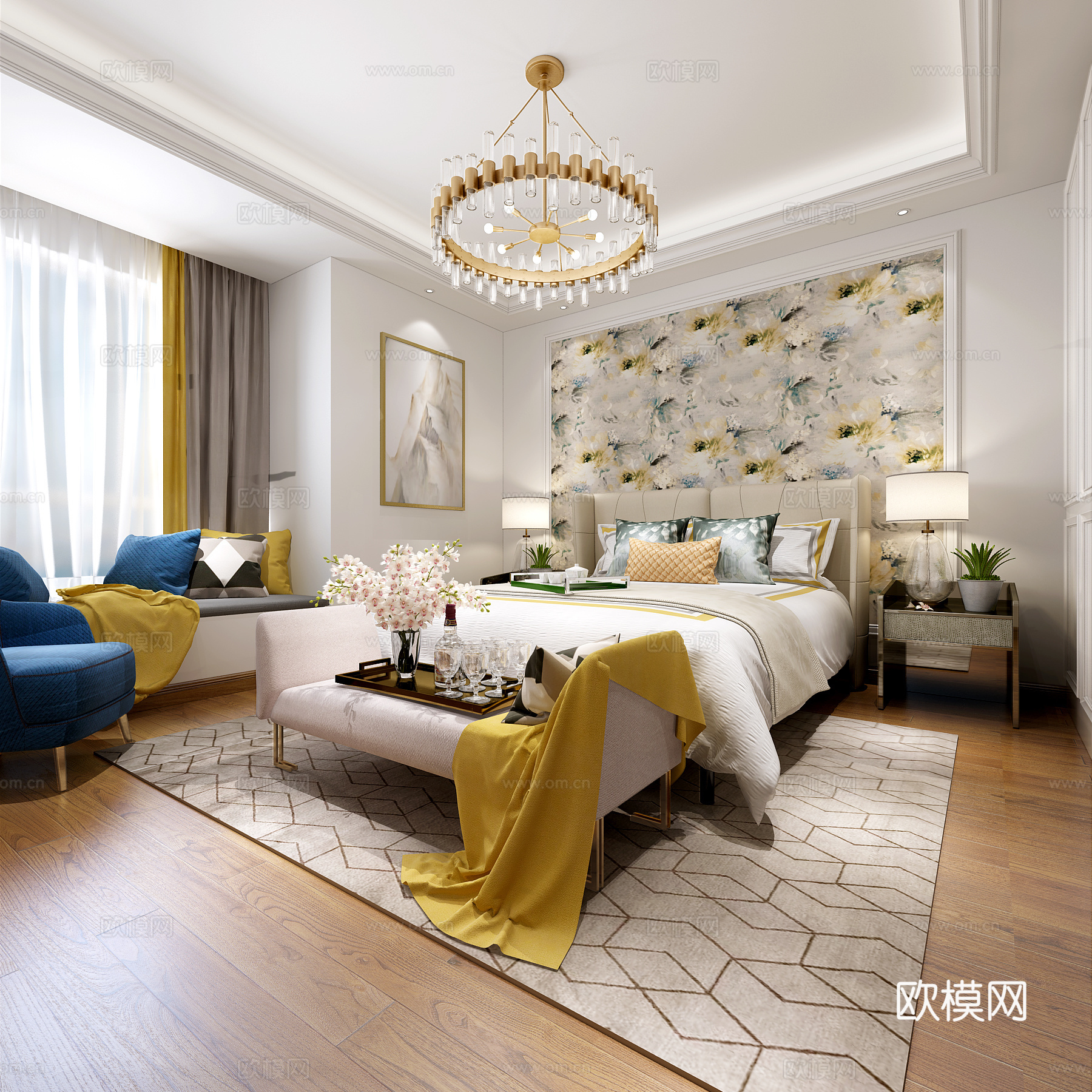 现代卧室 吊灯 双人床 床尾凳 挂画 台灯 单人沙发3d模型下载（渲染图2）