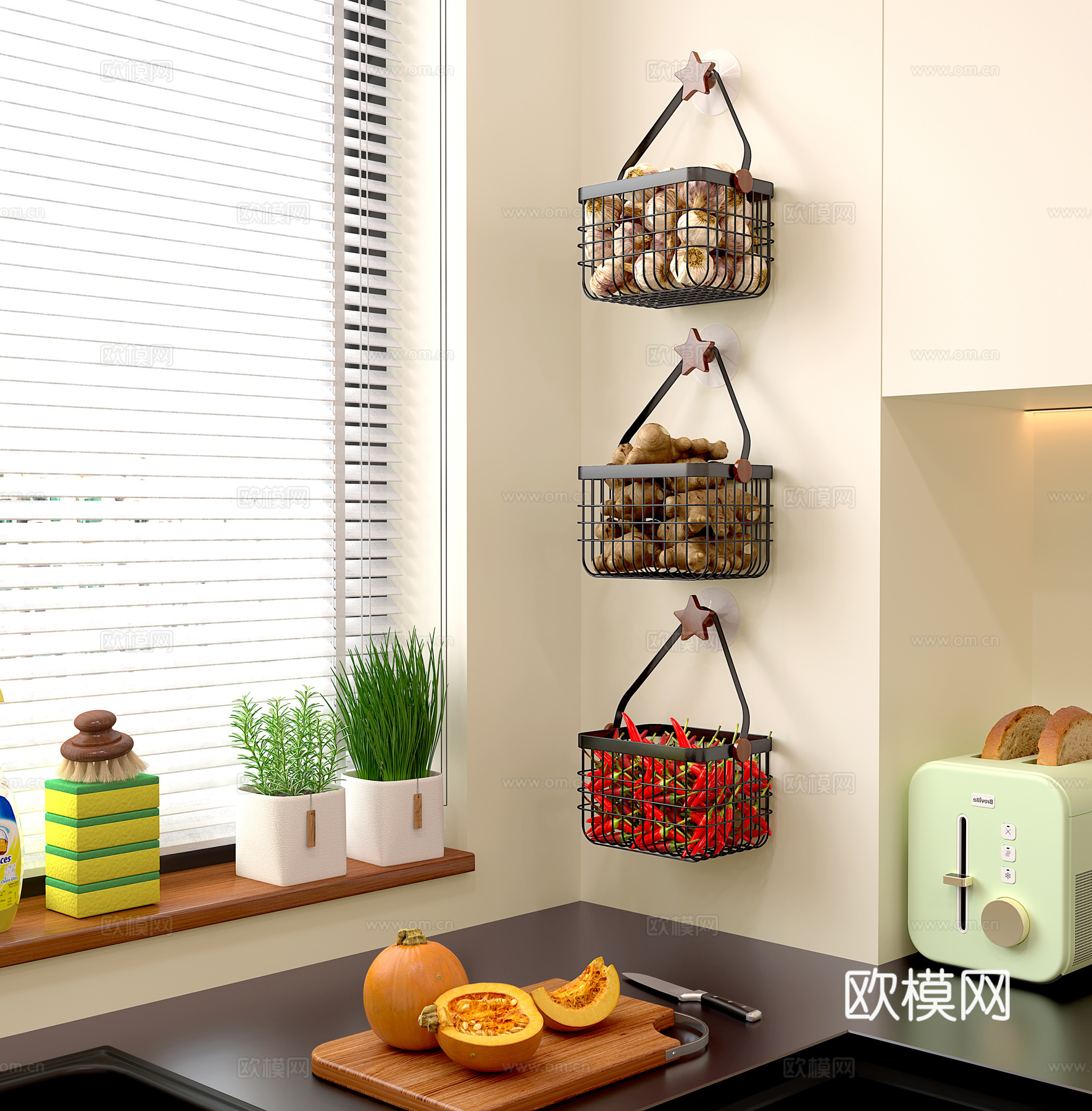 现代厨房用品 厨具 篮子 菜篮子 姜蒜 橱柜 电商小场景3d模型下载