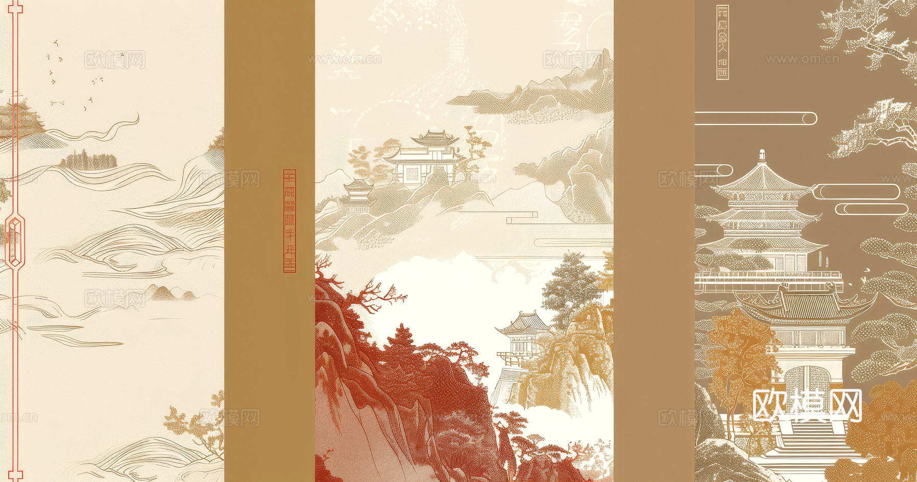 新中式壁纸壁画壁布墙纸墙布云海山水字画花鸟仙鹤荷花花鸟建筑背下载