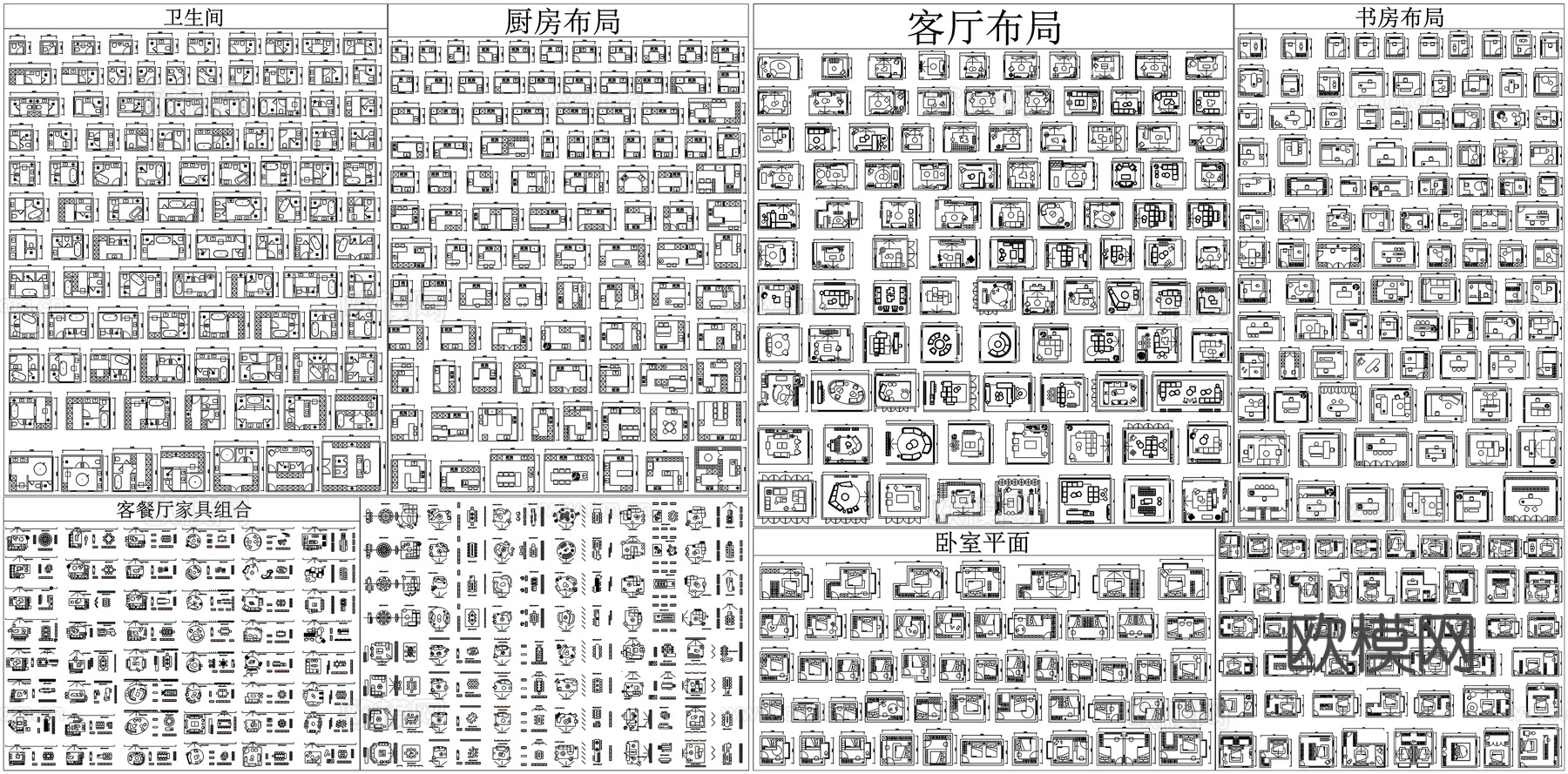 客厅书房卧室卫生间厨房餐厅家具组合家电厨卫电器CAD素材图库cad施工图下载（渲染图2）