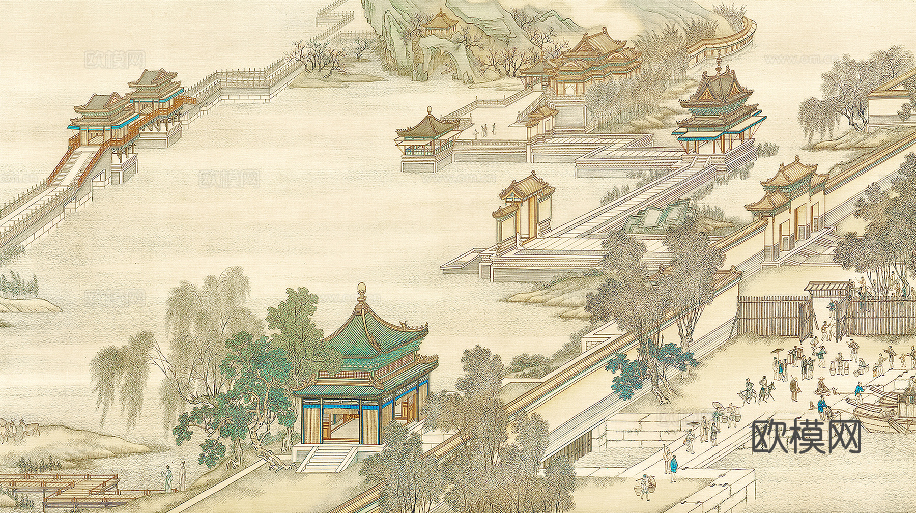 新中式壁纸壁画壁布墙纸墙布云海山水字画花鸟仙鹤荷花花鸟建筑背下载