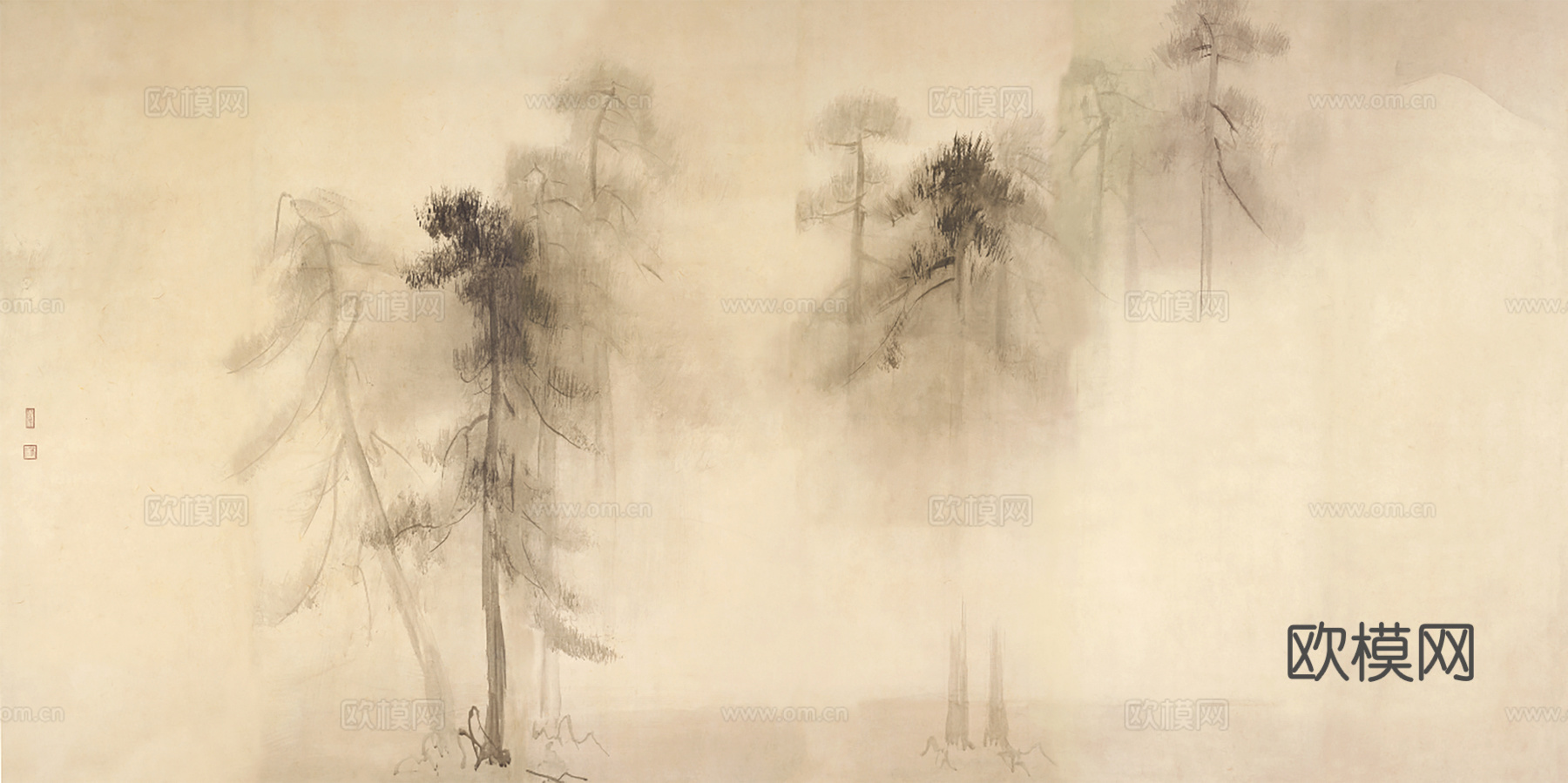 新中式壁纸壁画壁布墙纸墙布云海山水字画花鸟仙鹤荷花花鸟建筑背下载