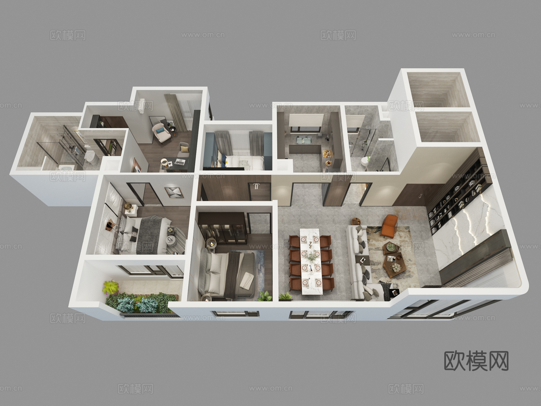现代家装样板间鸟瞰  客餐厅 装饰摆件 立体户型 厨房su模型