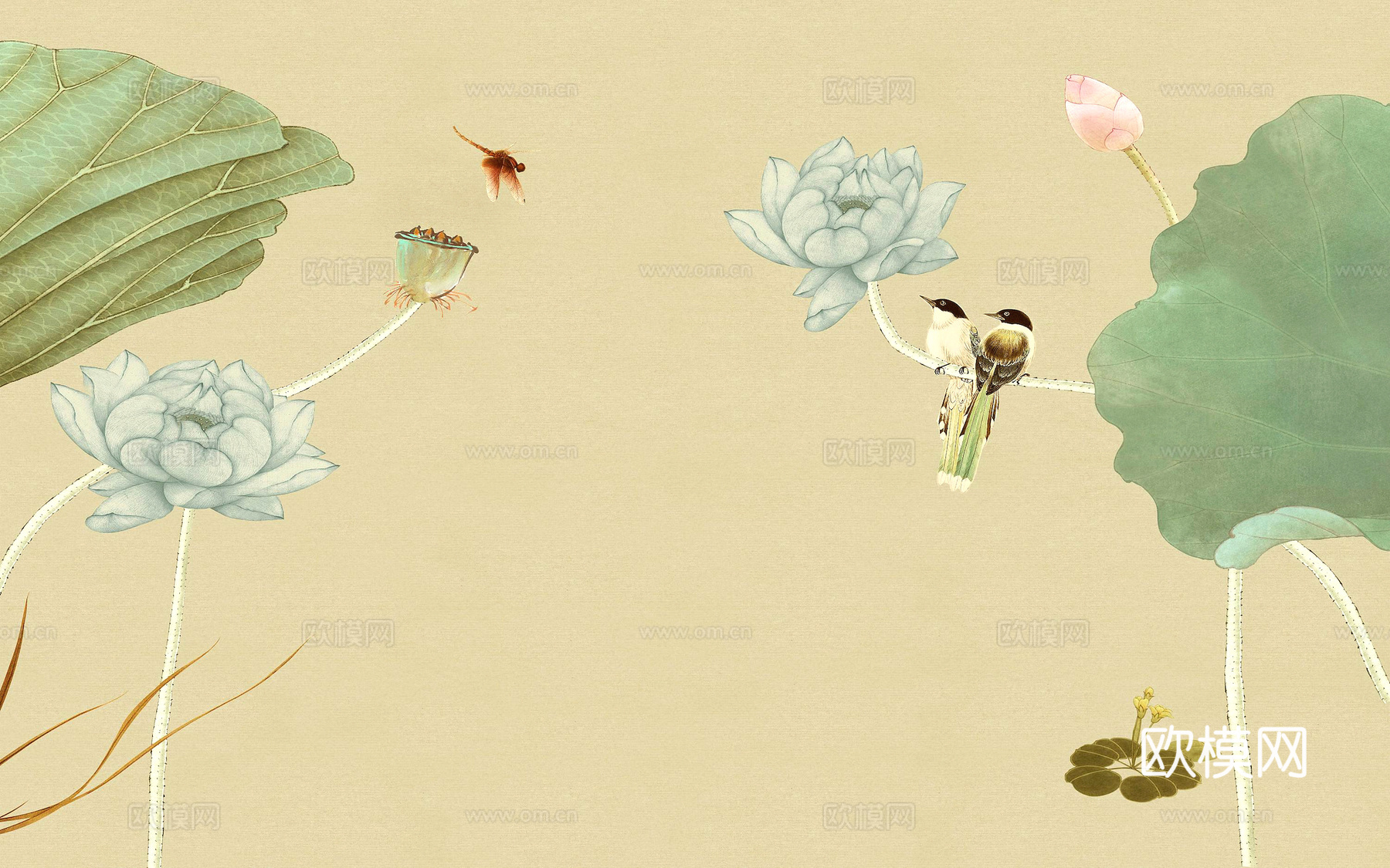 新中式壁纸壁画壁布墙纸墙布云海山水字画花鸟仙鹤荷花花鸟建筑背下载