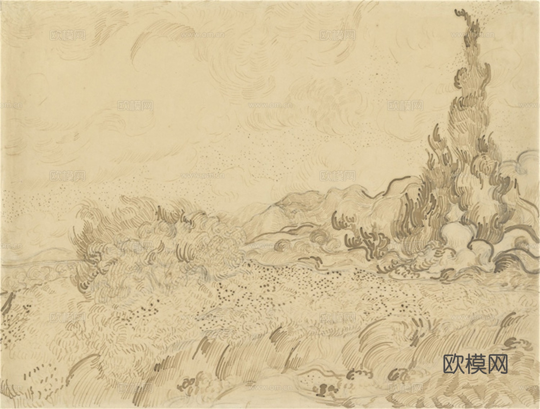 梵高后印象派素描绘画作品，现代世界经典名画625 梵高 Wh