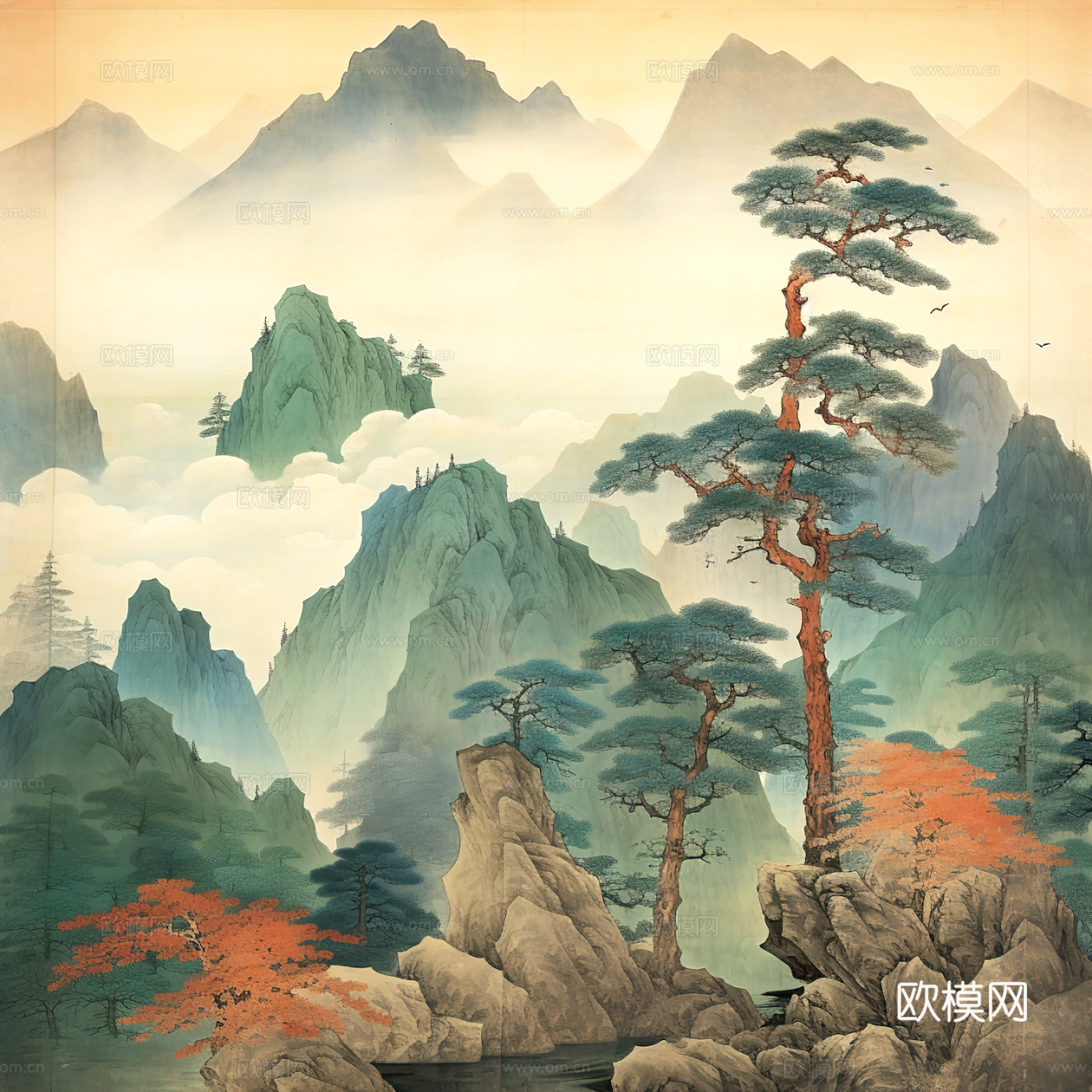 新中式壁纸壁画壁布墙纸墙布云海山水字画花鸟仙鹤荷花花鸟建筑背