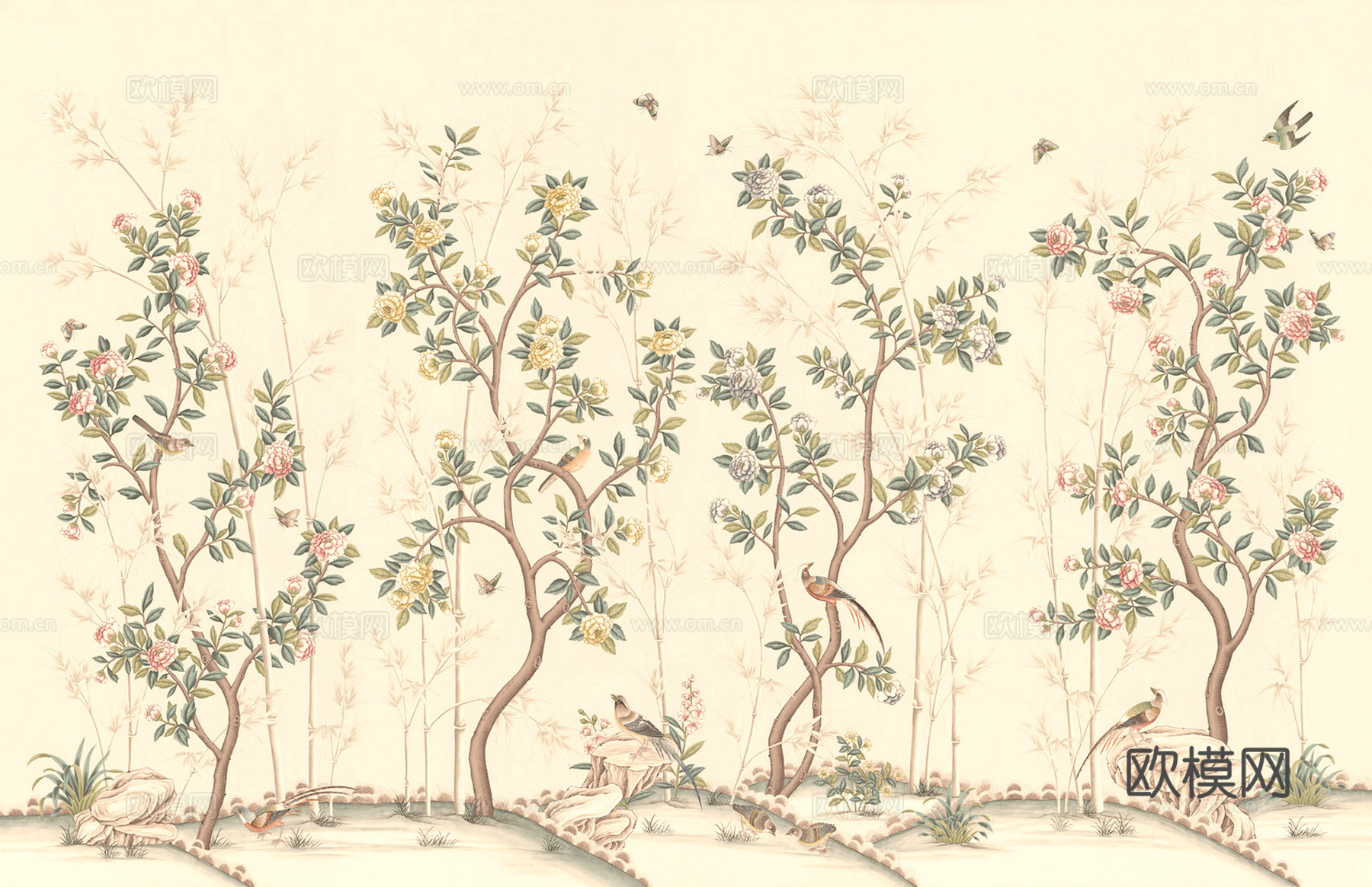 新中式壁纸壁画壁布墙纸墙布云海山水字画花鸟仙鹤荷花花鸟建筑背下载