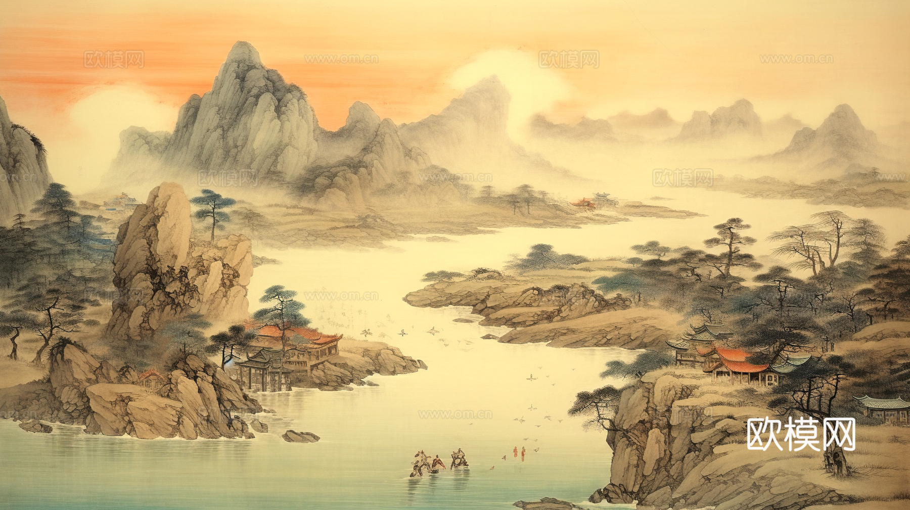 新中式壁纸壁画壁布墙纸墙布云海山水字画花鸟仙鹤荷花花鸟建筑背下载