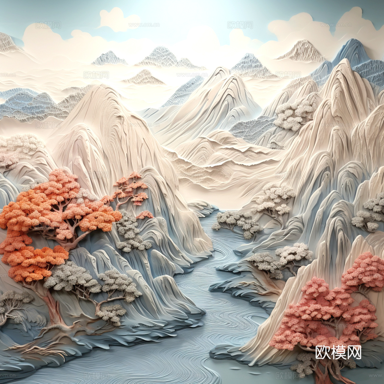 新中式壁纸壁画壁布墙纸墙布云海山水字画花鸟仙鹤荷花花鸟建筑背