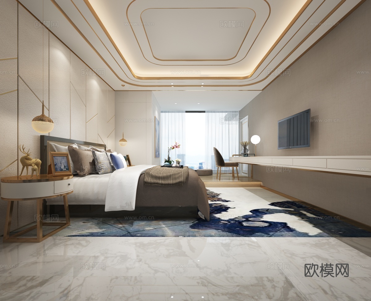 现代卧室玫瑰金吊顶3d模型