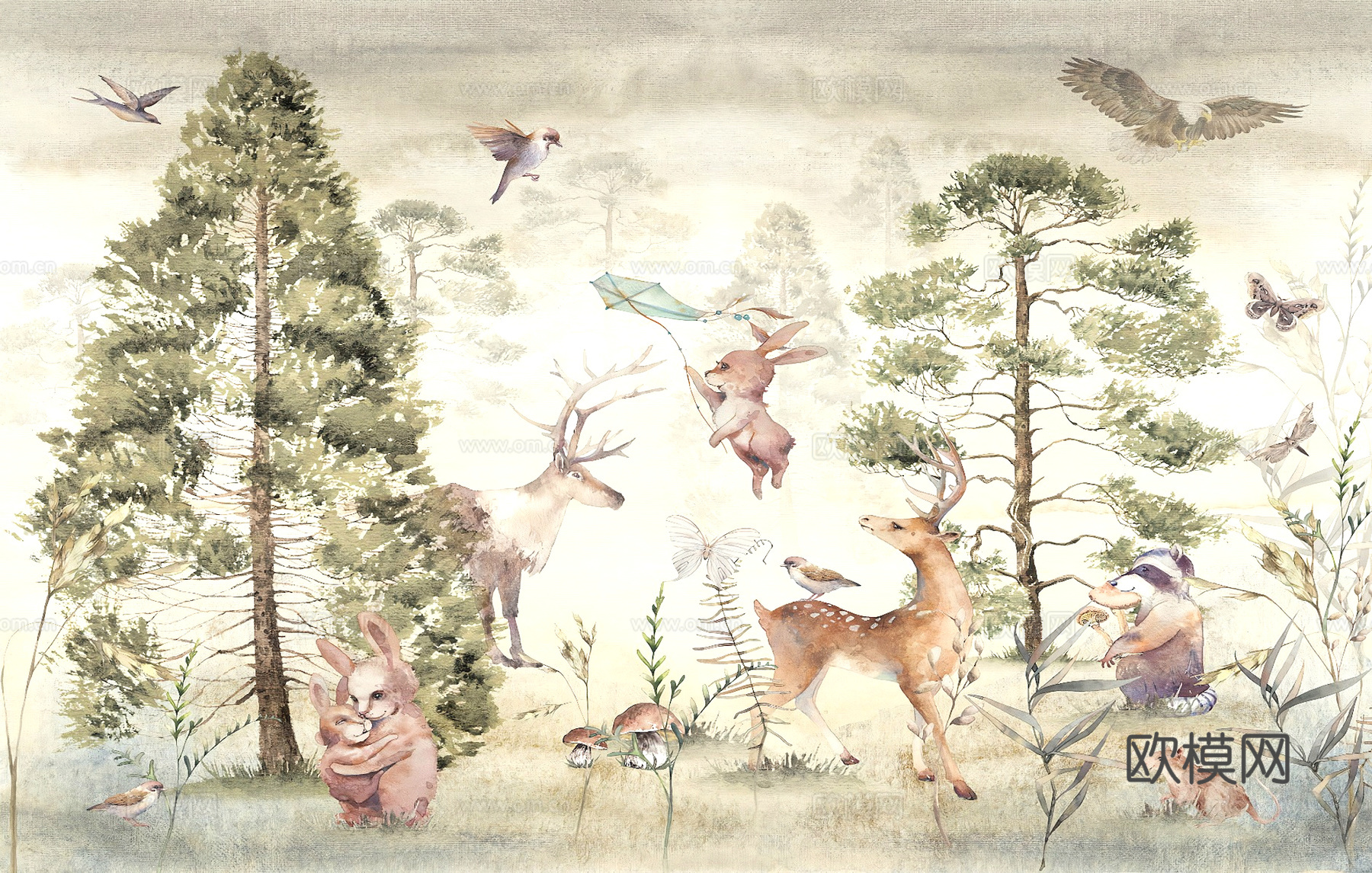 新中式壁纸壁画壁布墙纸墙布云海山水字画花鸟仙鹤荷花花鸟建筑背下载