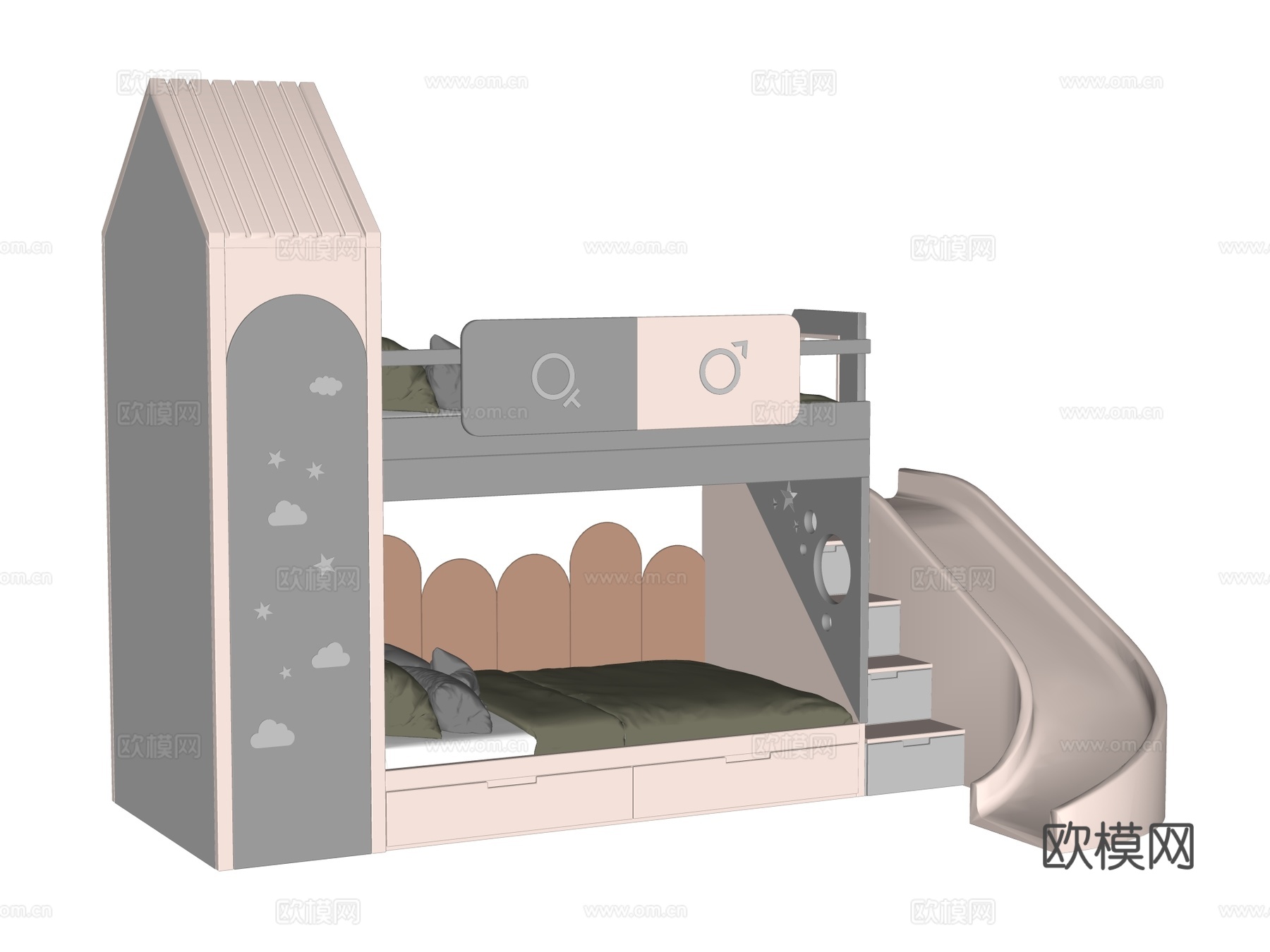 儿童床 上下床 滑梯床su模型