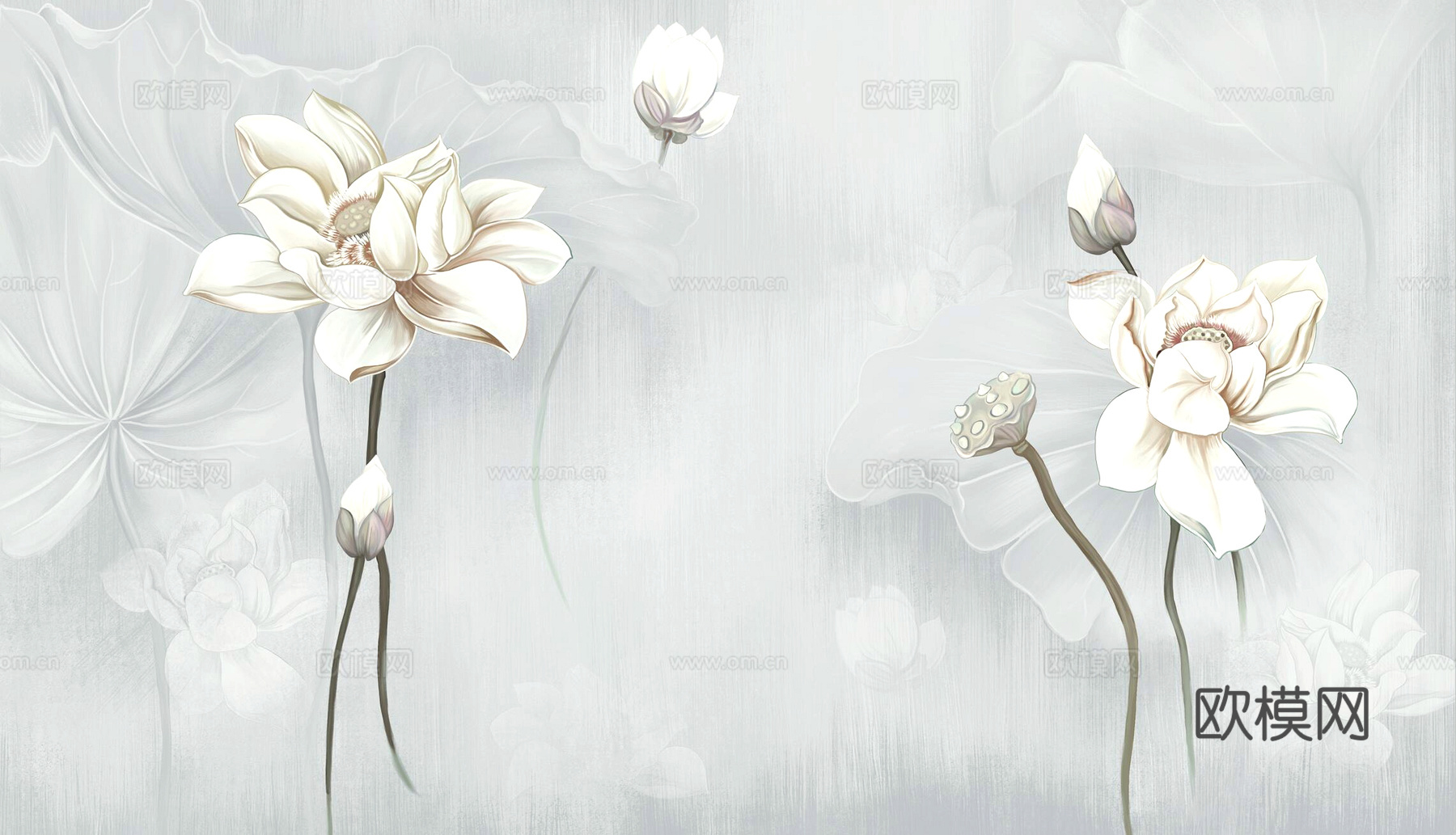 新中式壁纸壁画壁布墙纸墙布云海山水字画花鸟仙鹤荷花花鸟建筑背