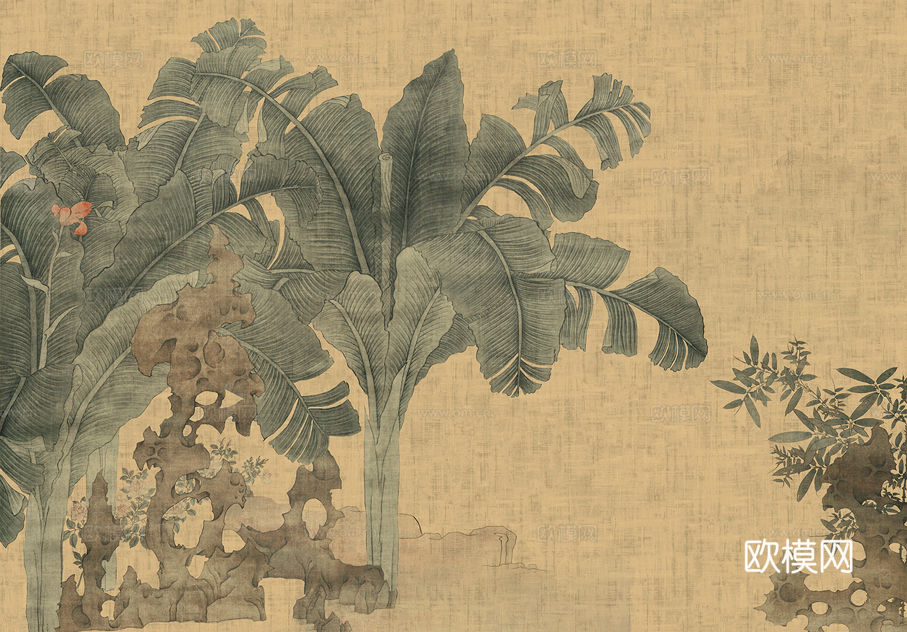 新中式壁纸壁画壁布墙纸墙布云海山水字画花鸟仙鹤荷花花鸟建筑背下载