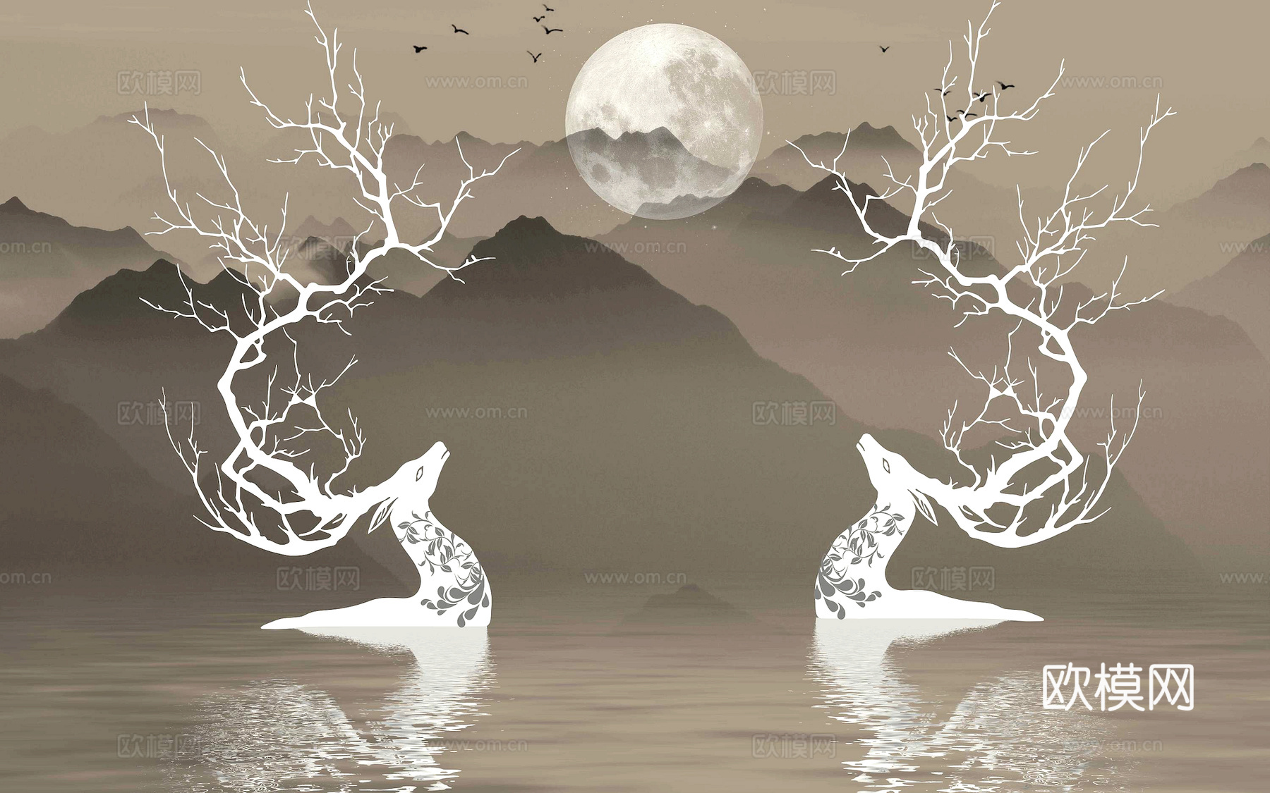 新中式壁纸壁画壁布墙纸墙布云海山水字画花鸟仙鹤荷花花鸟建筑背