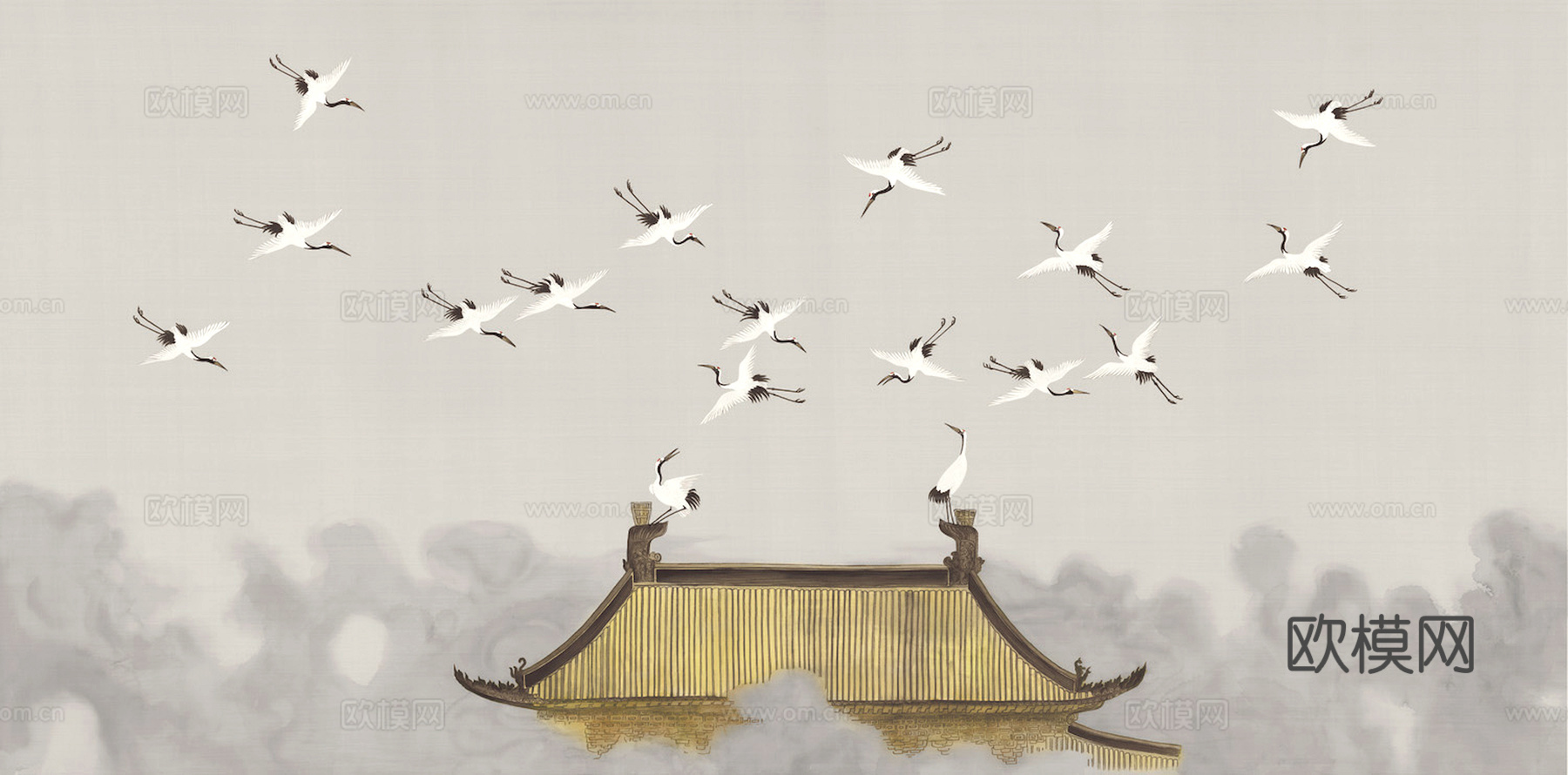 新中式壁纸壁画壁布墙纸墙布云海山水字画花鸟仙鹤荷花花鸟建筑背