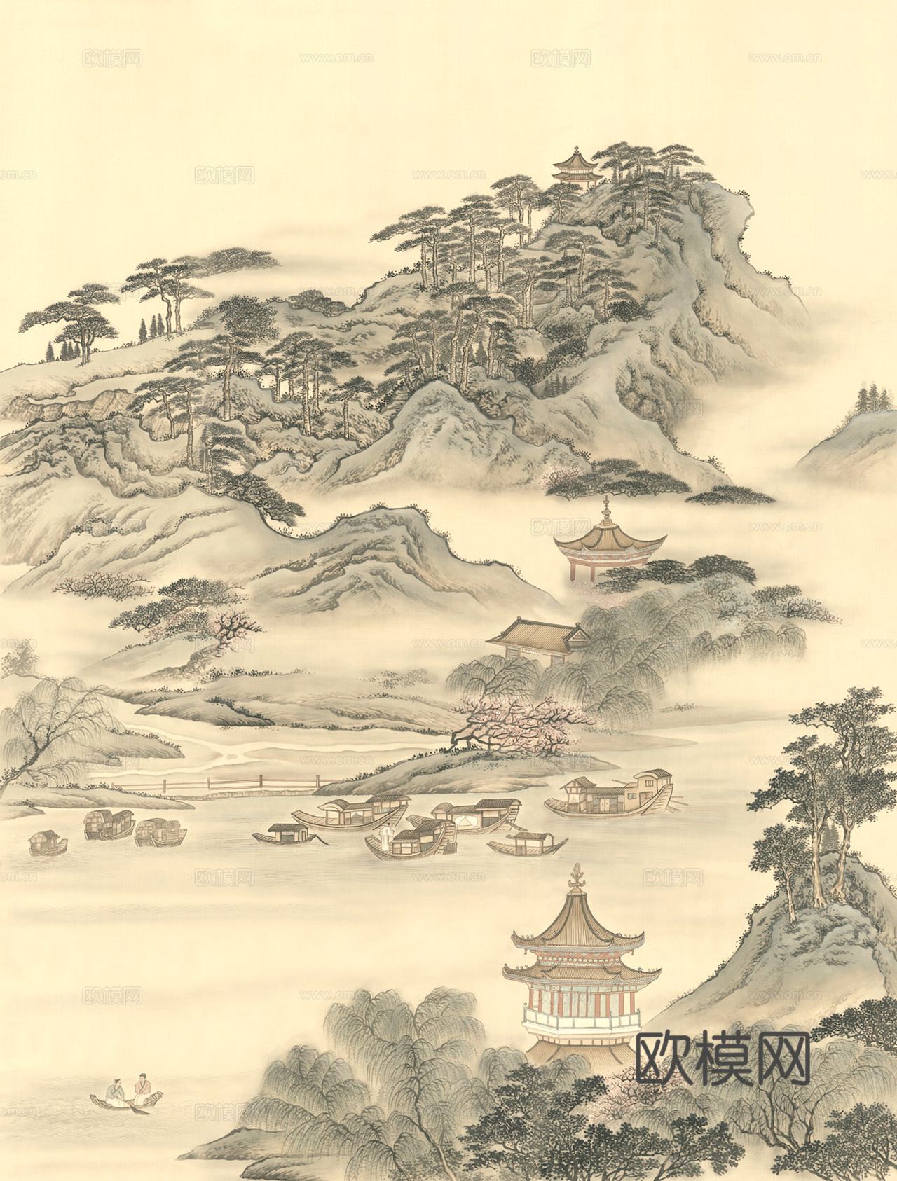 新中式壁纸壁画壁布墙纸墙布云海山水字画花鸟仙鹤荷花花鸟建筑背下载