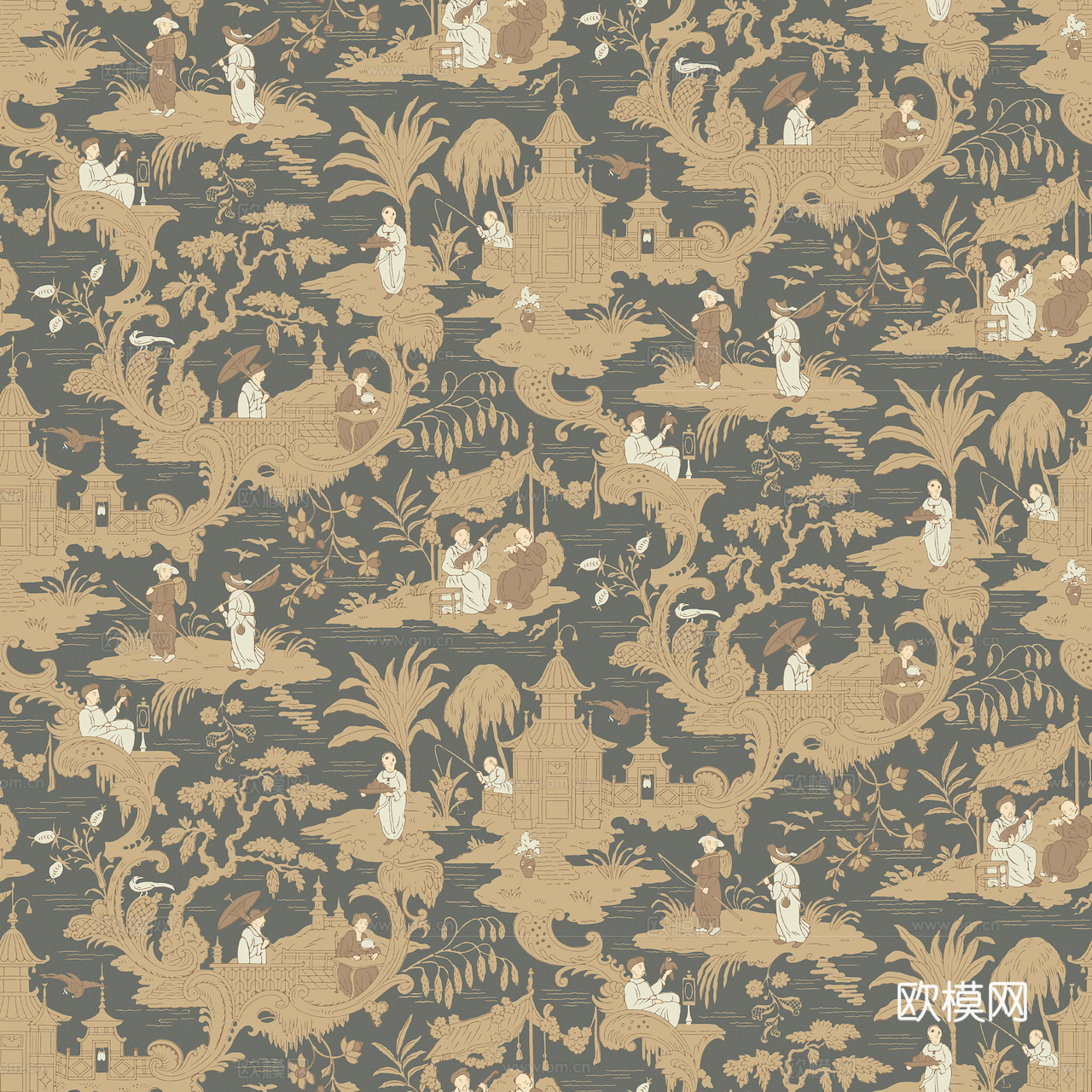 新中式壁纸壁画壁布墙纸墙布云海山水字画花鸟仙鹤荷花花鸟建筑背下载