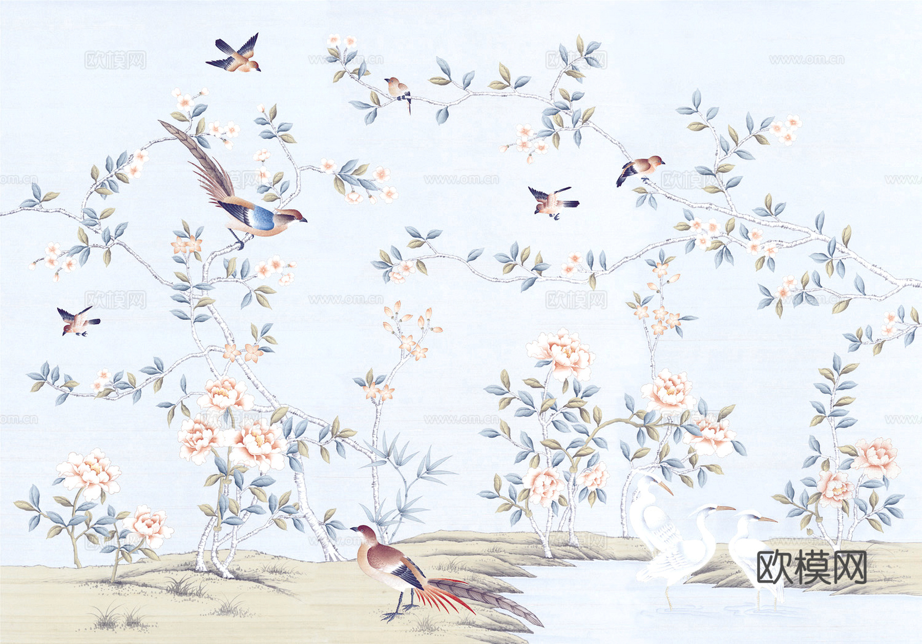 新中式壁纸壁画壁布墙纸墙布云海山水字画花鸟仙鹤荷花花鸟建筑背下载