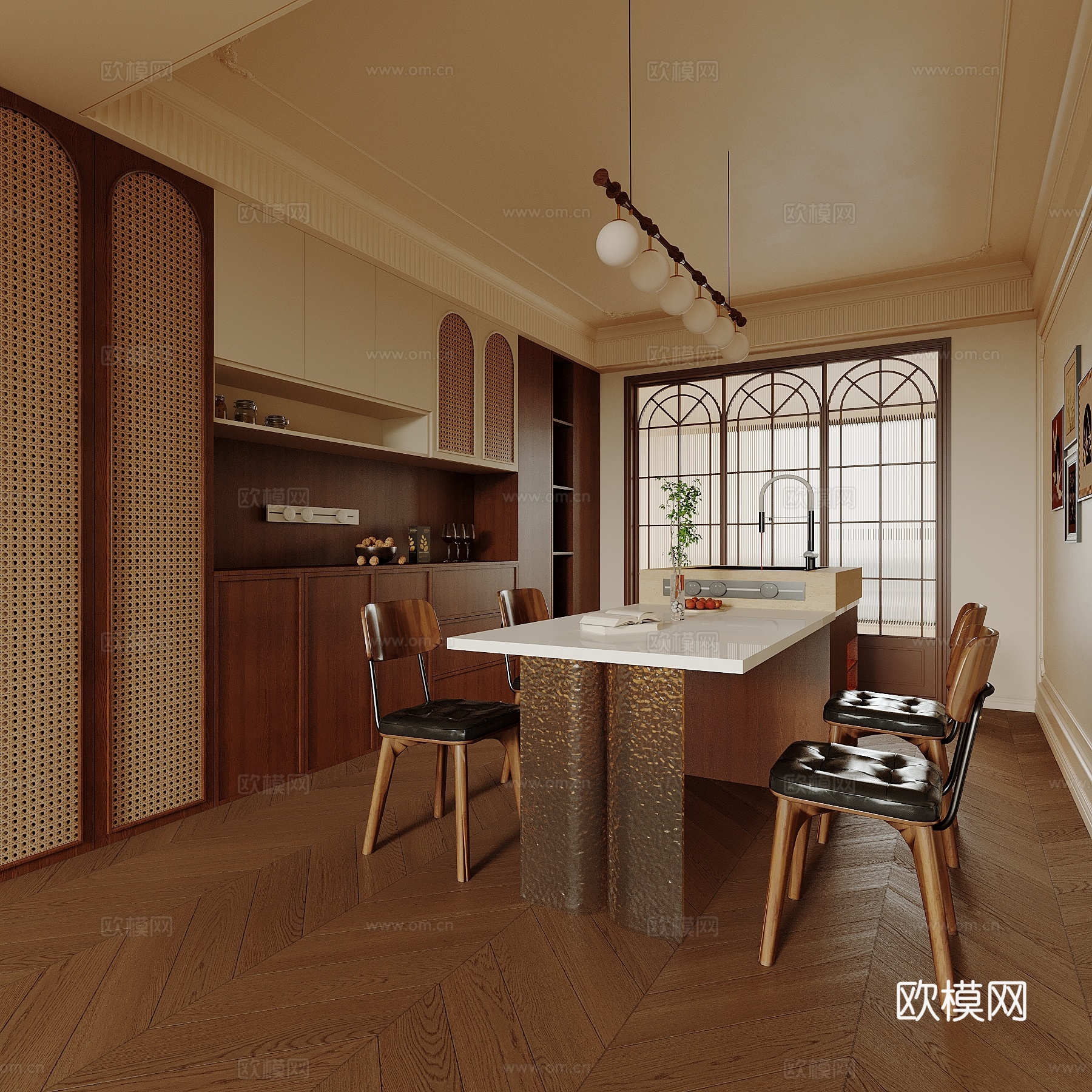 中古风餐厅 餐桌椅 岛台 酒柜3d模型