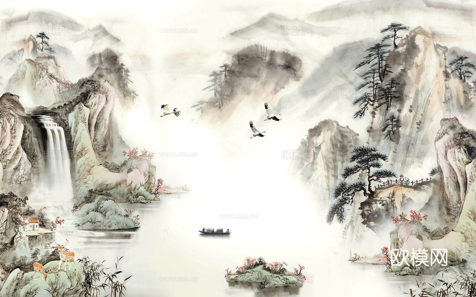 新中式壁纸壁画壁布墙纸墙布云海山水字画花鸟仙鹤荷花花鸟建筑背下载