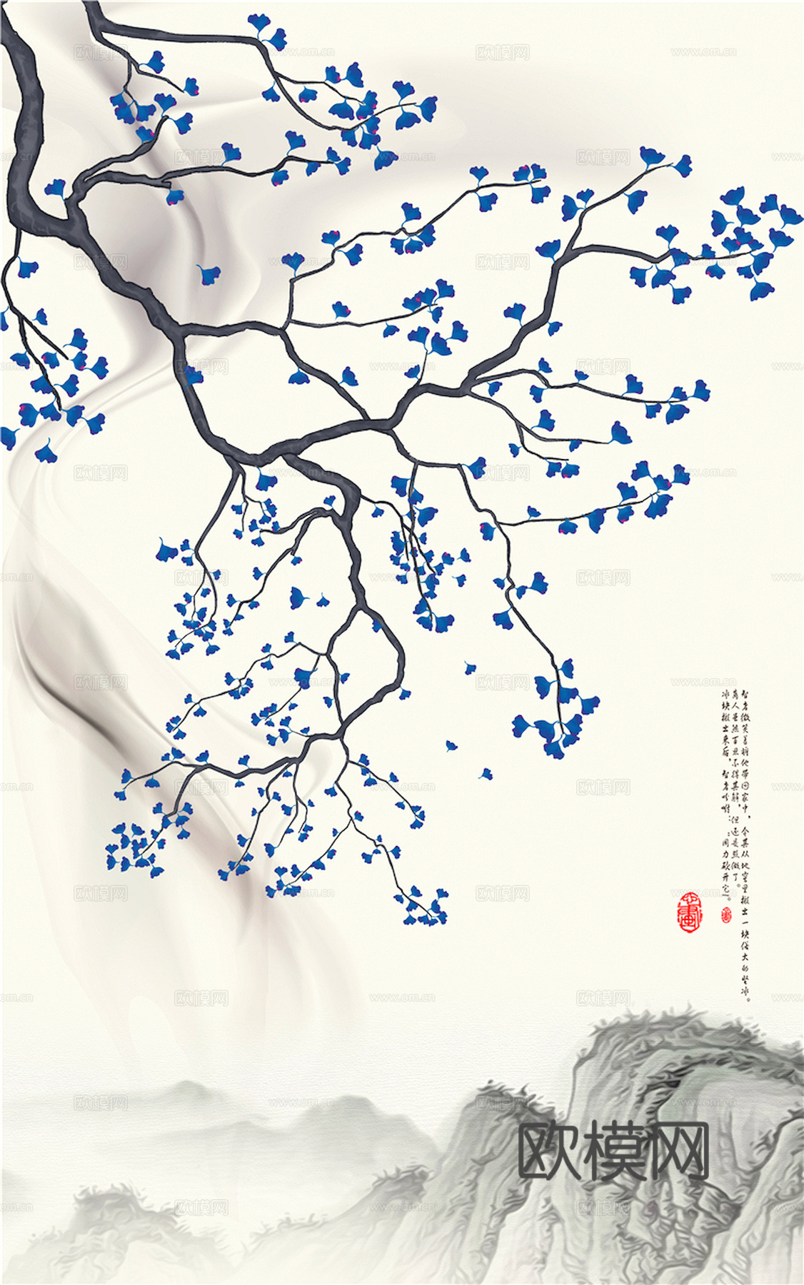 新中式壁纸壁画壁布墙纸墙布云海山水字画花鸟仙鹤荷花花鸟建筑背下载