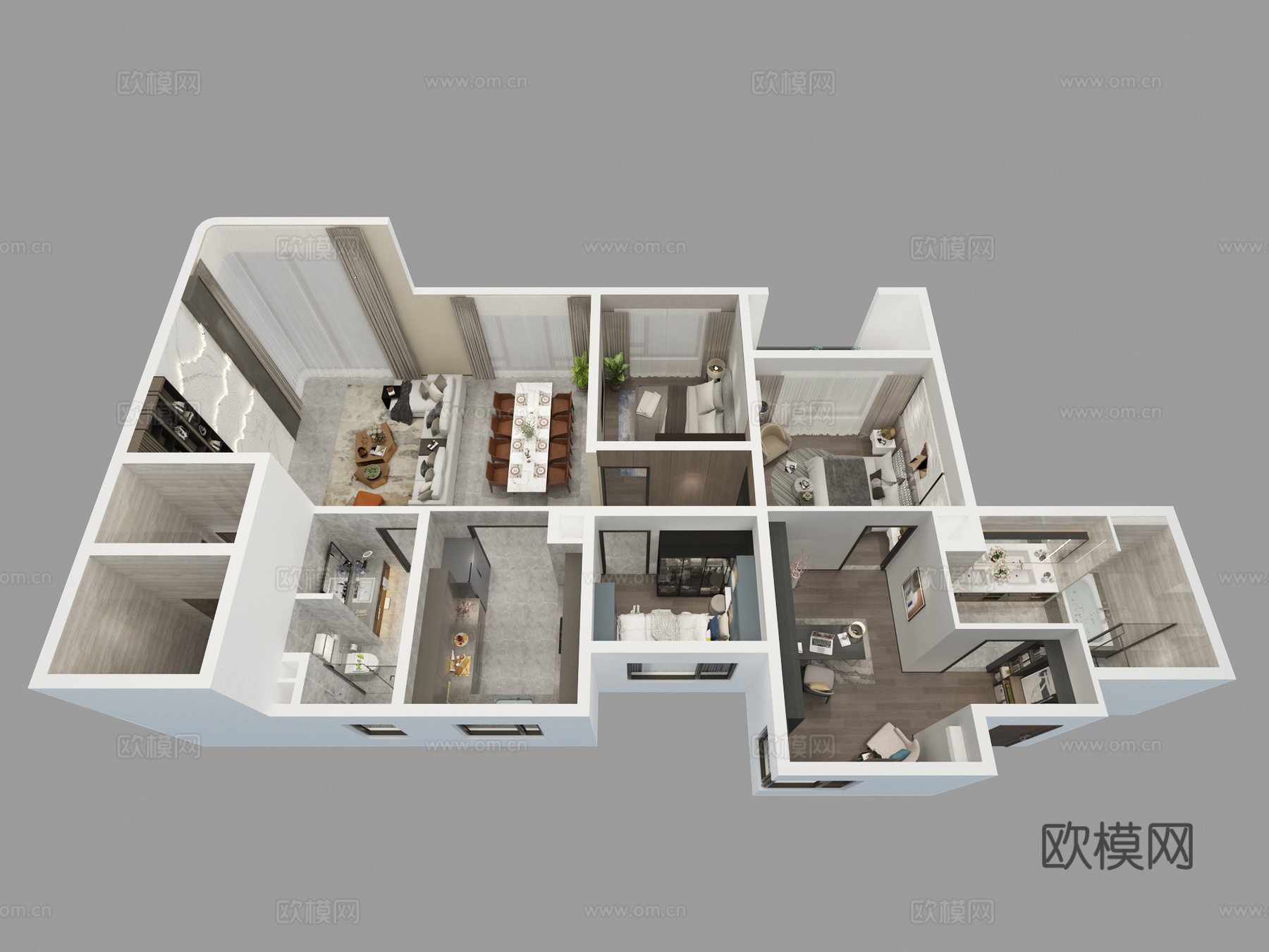 现代家装样板间鸟瞰  客餐厅 装饰摆件 立体户型 厨房su模型