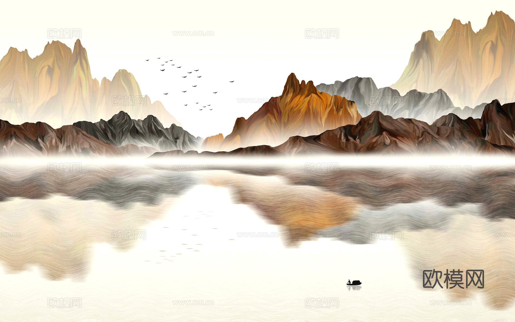 新中式壁纸壁画壁布墙纸墙布云海山水字画花鸟仙鹤荷花花鸟建筑背