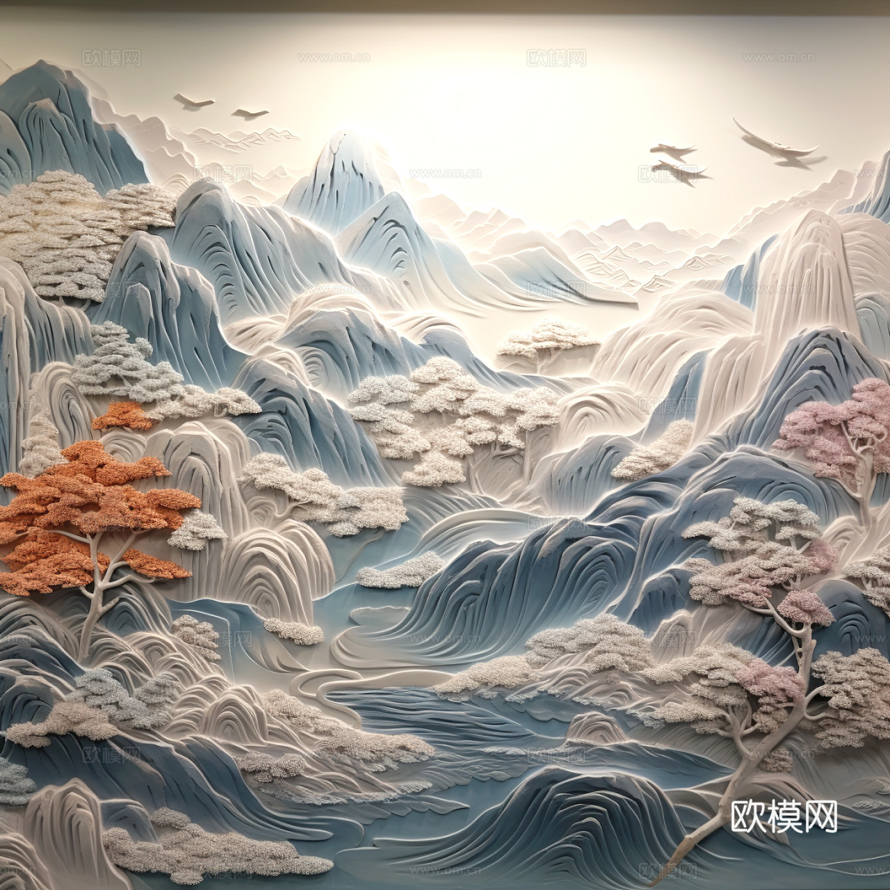 新中式壁纸壁画壁布墙纸墙布云海山水字画花鸟仙鹤荷花花鸟建筑背