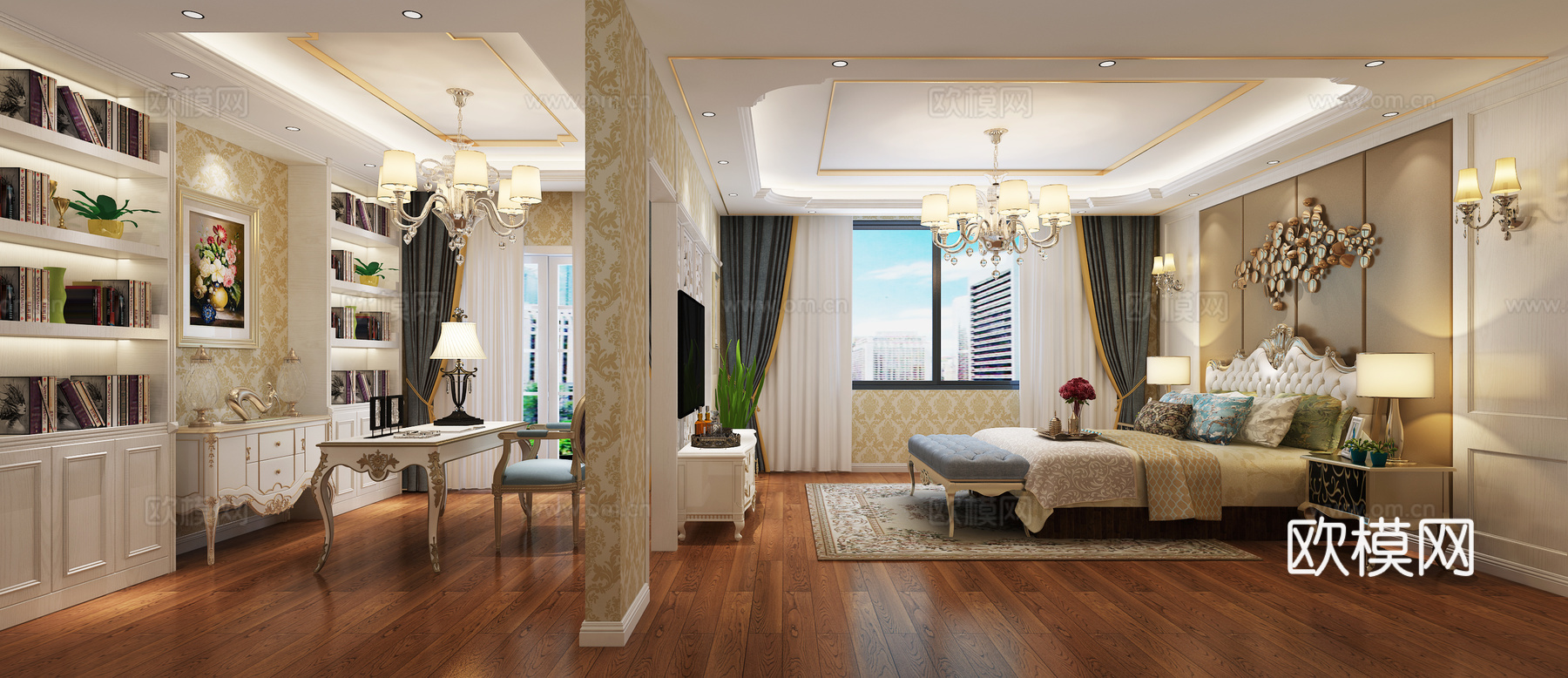 欧式卧室 吊灯 台灯 双人床 装饰柜 书桌椅 书柜 壁灯3d模型下载（渲染图1）