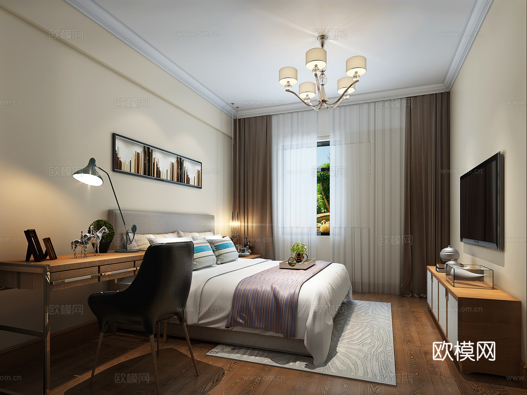 现代主卧室 吊灯 台灯 书桌椅 双人床 装饰柜3d模型