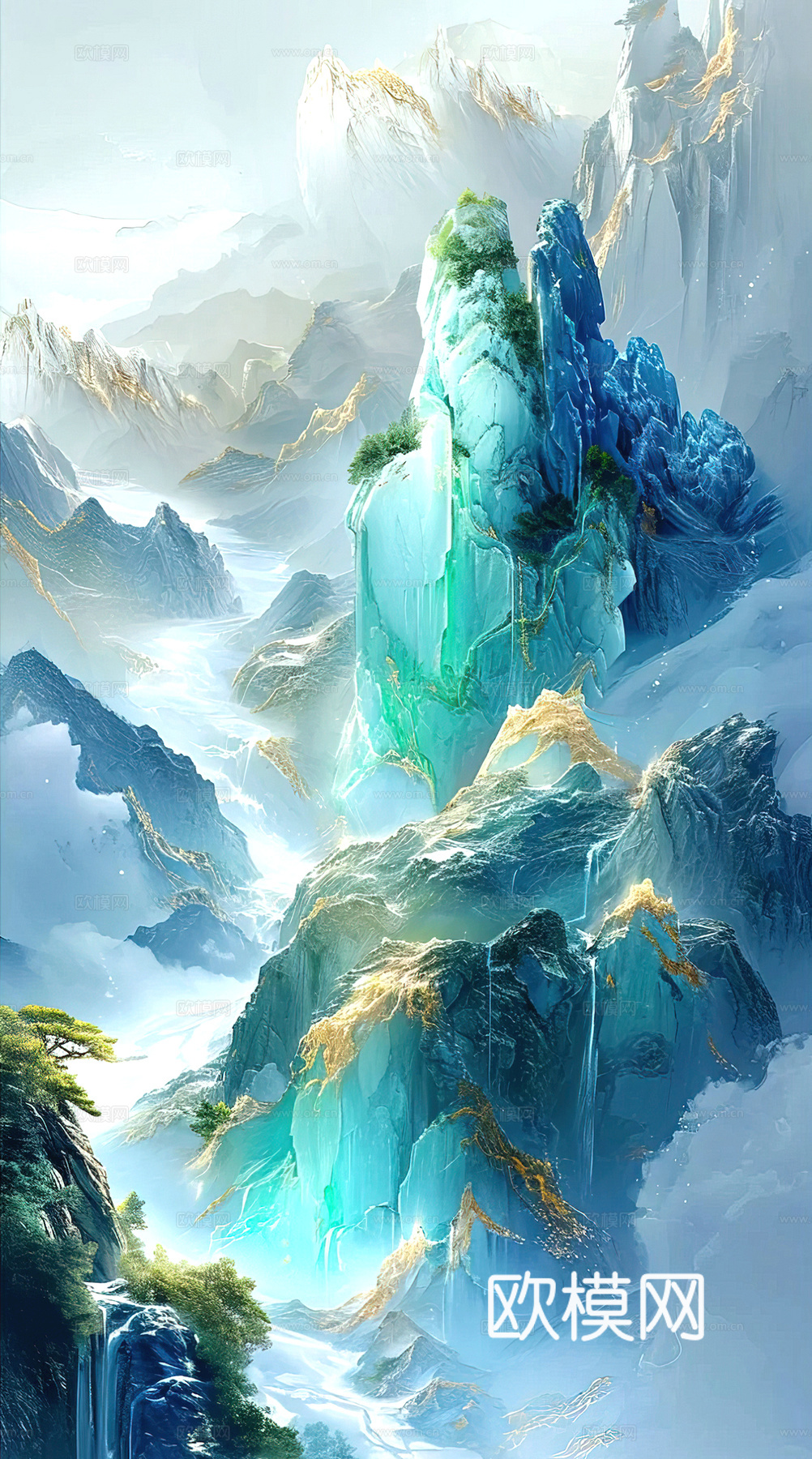 新中式壁纸壁画壁布墙纸墙布云海山水字画花鸟仙鹤荷花花鸟建筑背下载