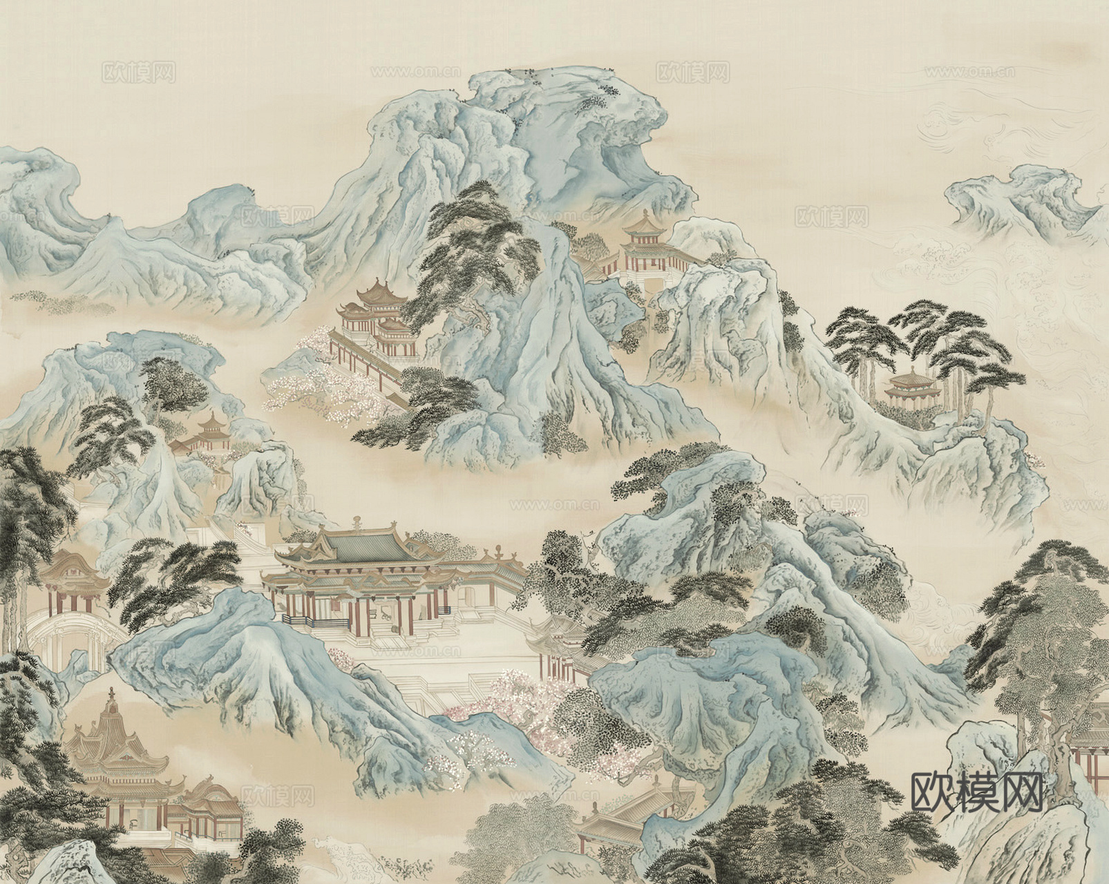新中式壁纸壁画壁布墙纸墙布云海山水字画花鸟仙鹤荷花花鸟建筑背下载