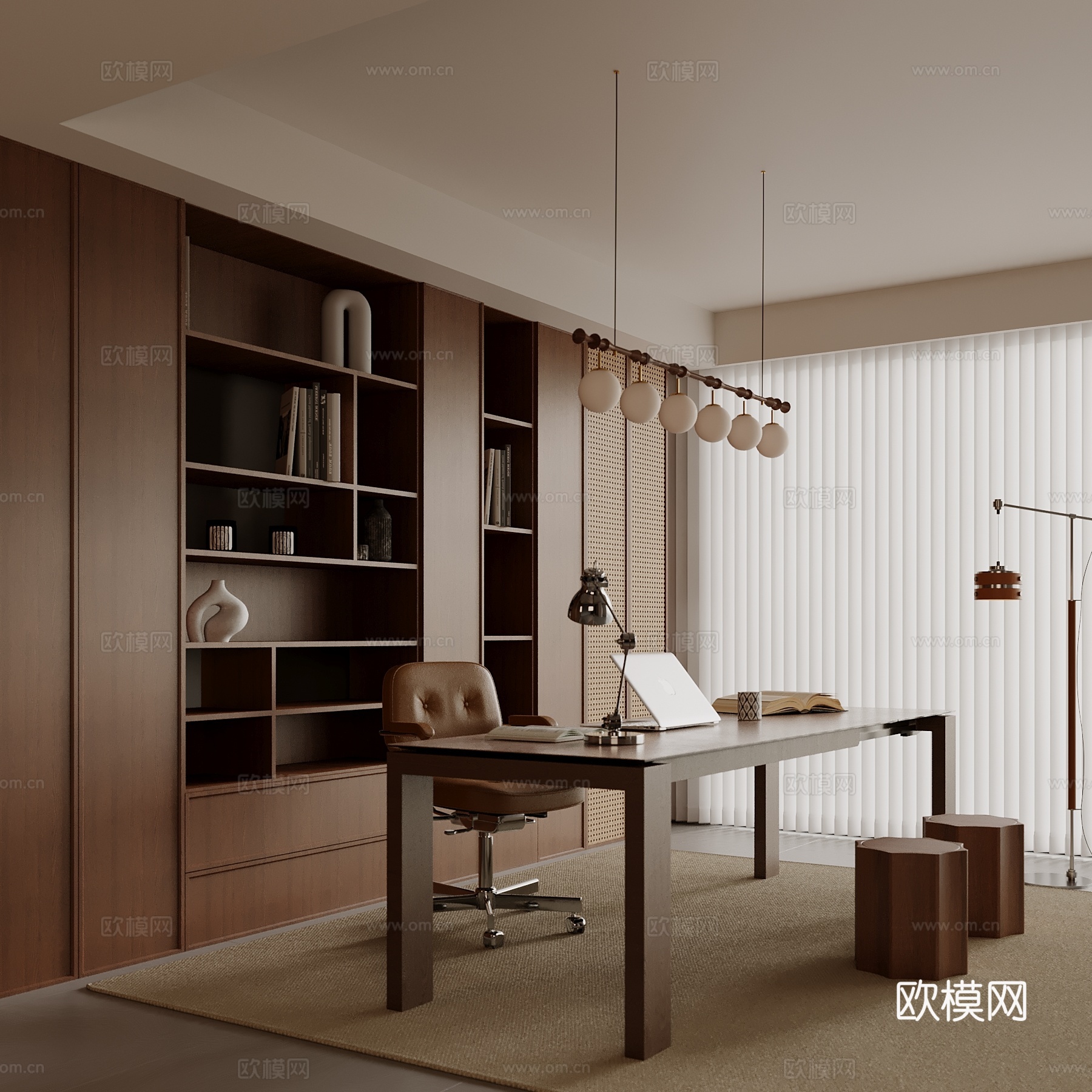 中古风书房 书桌椅 书柜su模型