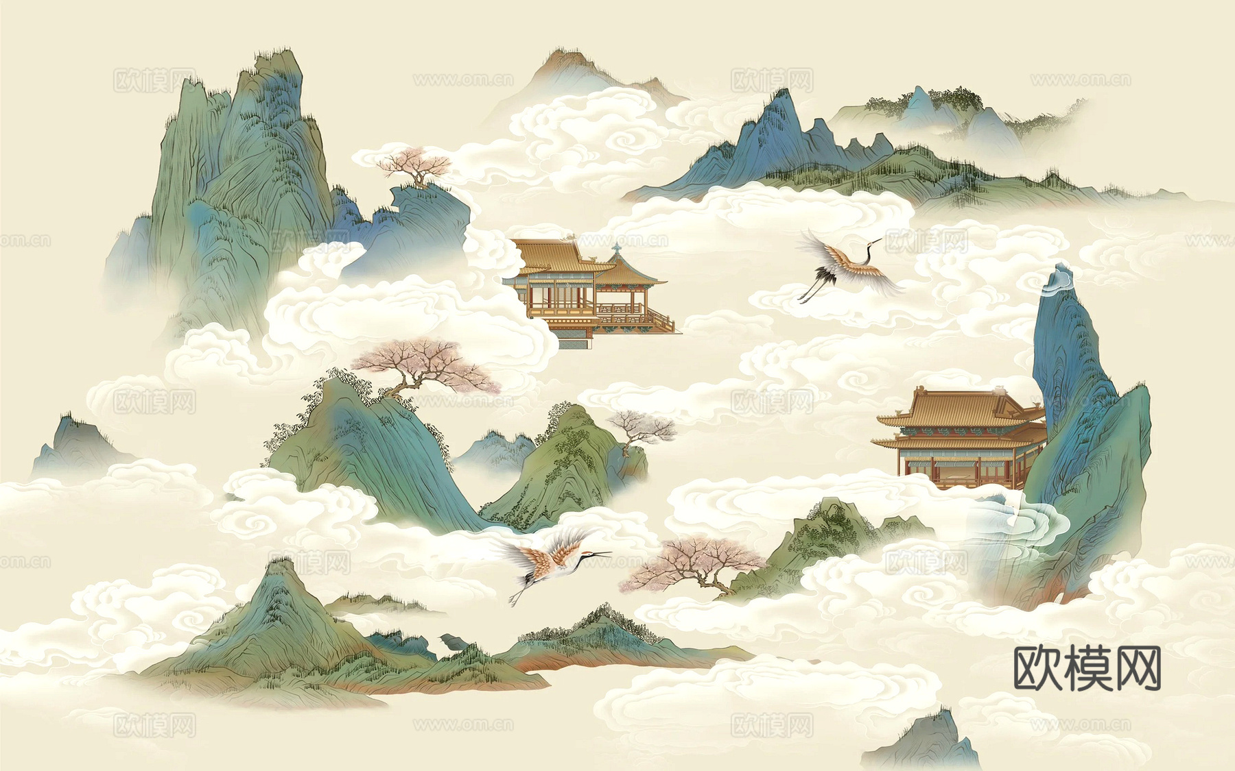 新中式壁纸壁画壁布墙纸墙布云海山水字画花鸟仙鹤荷花花鸟建筑背