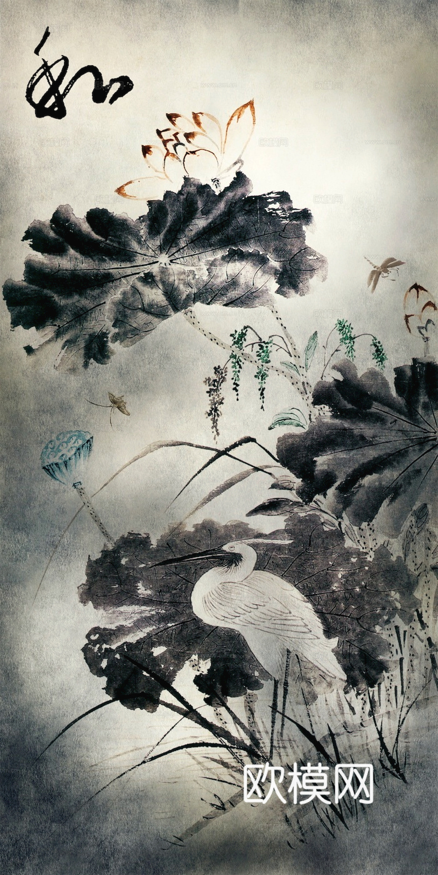 新中式壁纸壁画壁布墙纸墙布云海山水字画花鸟仙鹤荷花花鸟建筑背下载