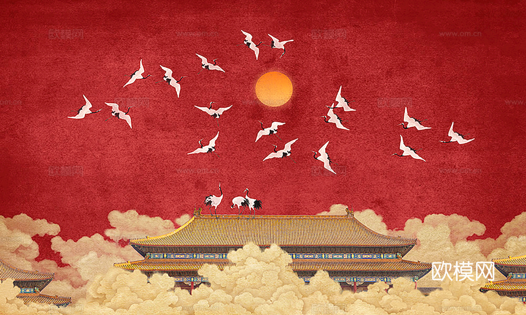 新中式壁纸壁画壁布墙纸墙布云海山水字画花鸟仙鹤荷花花鸟建筑背下载