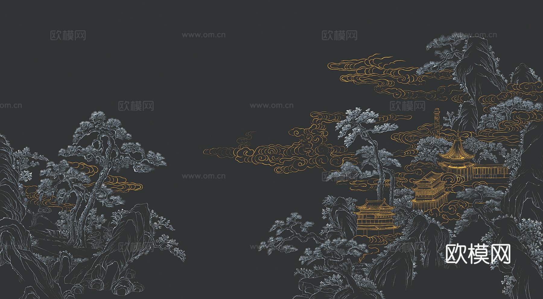 新中式壁纸壁画壁布墙纸墙布云海山水字画花鸟仙鹤荷花花鸟建筑背下载