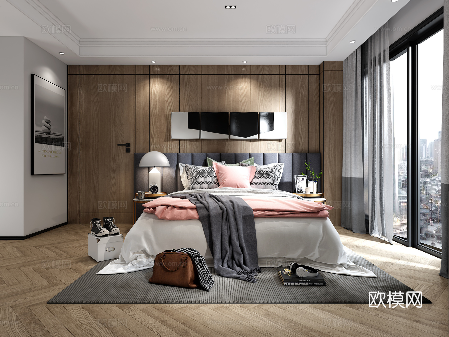 现代主卧 双人床 台灯 挂画3d模型下载（渲染图1）