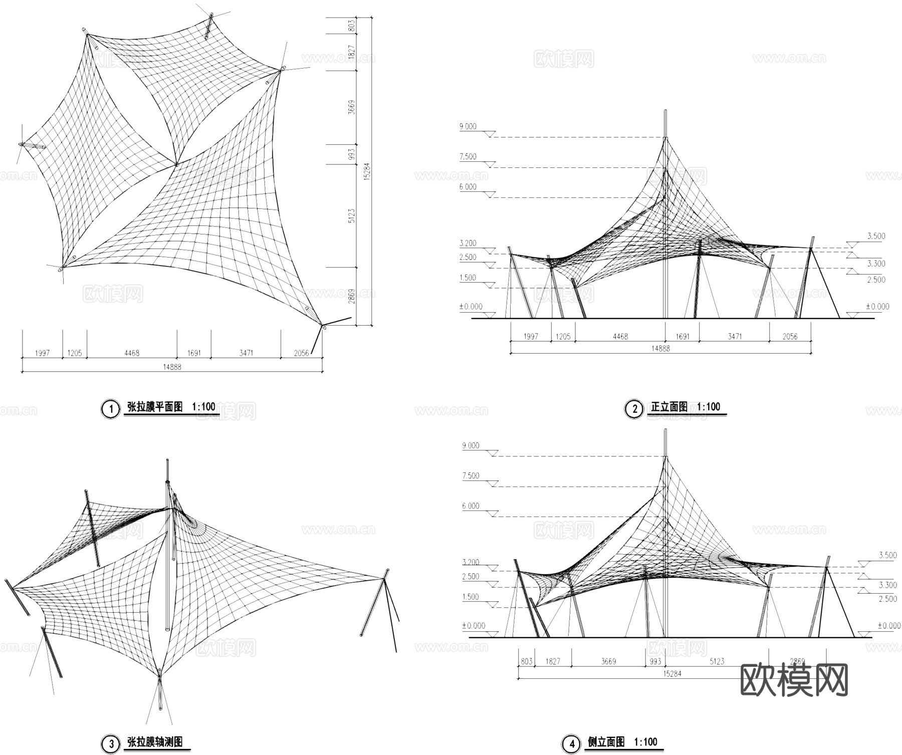 张拉膜亭景观结构CAD施工图cad施工图