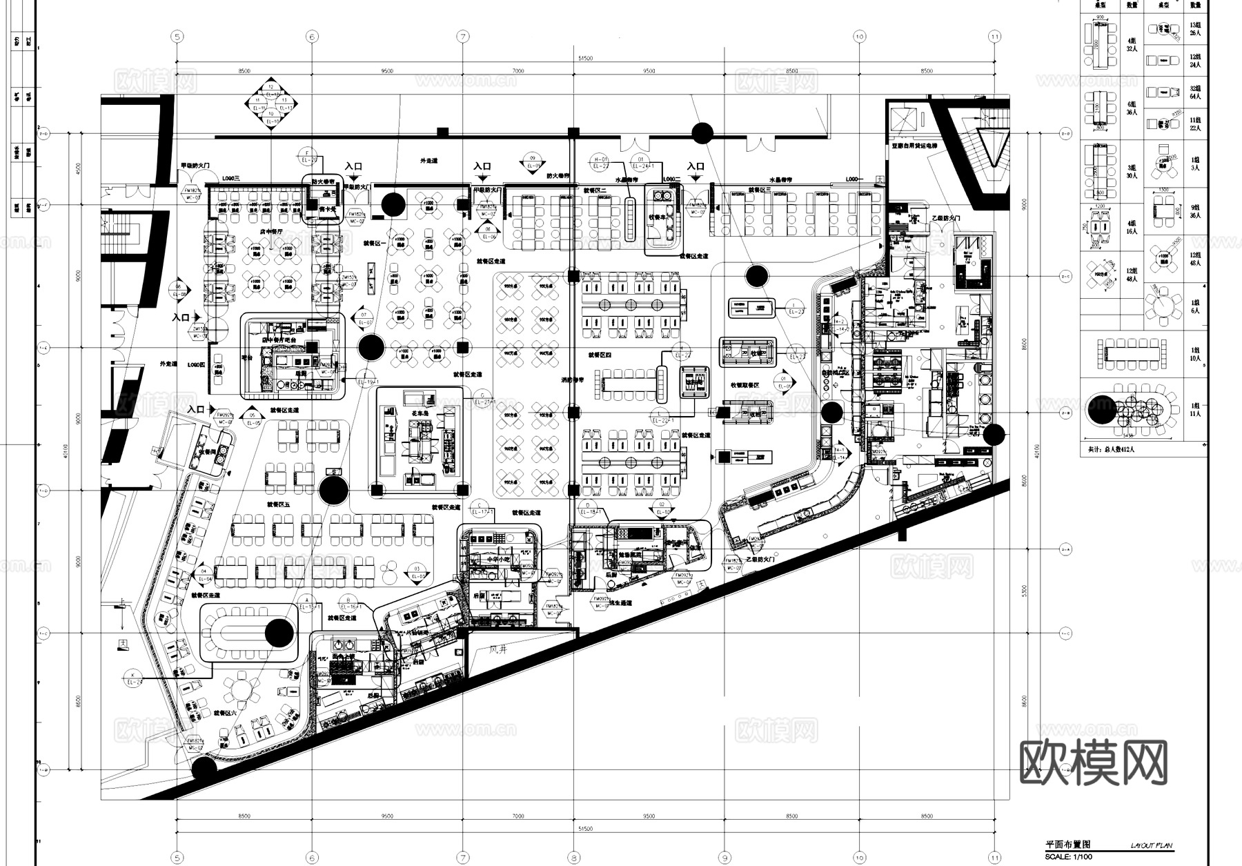 美食广场小吃城室内工装平面系统图CAD施工图cad施工图