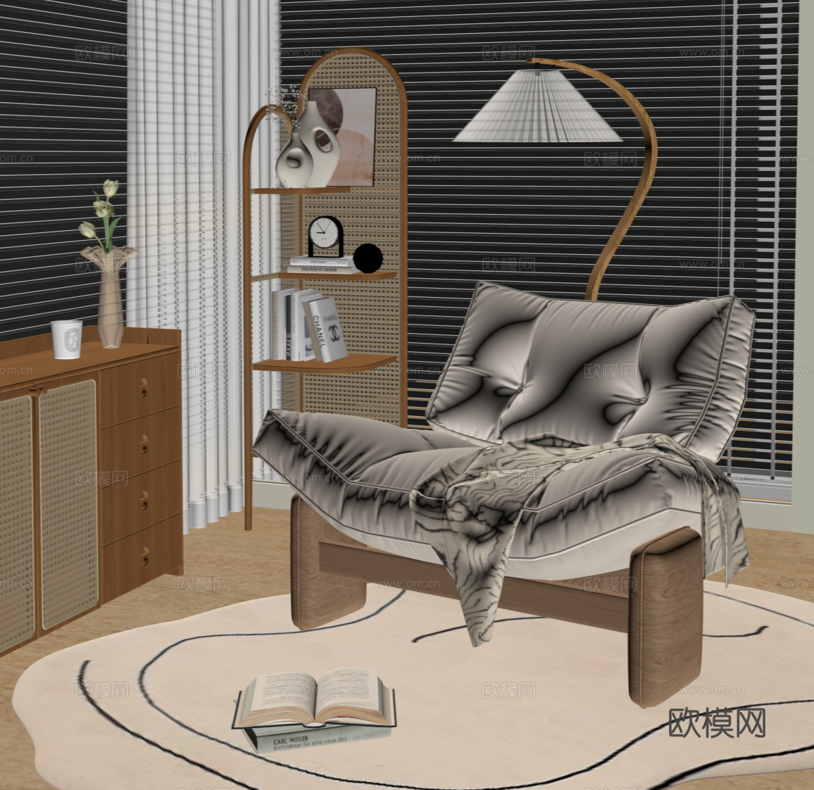 侘寂中古休闲椅 边柜 休闲角落su模型