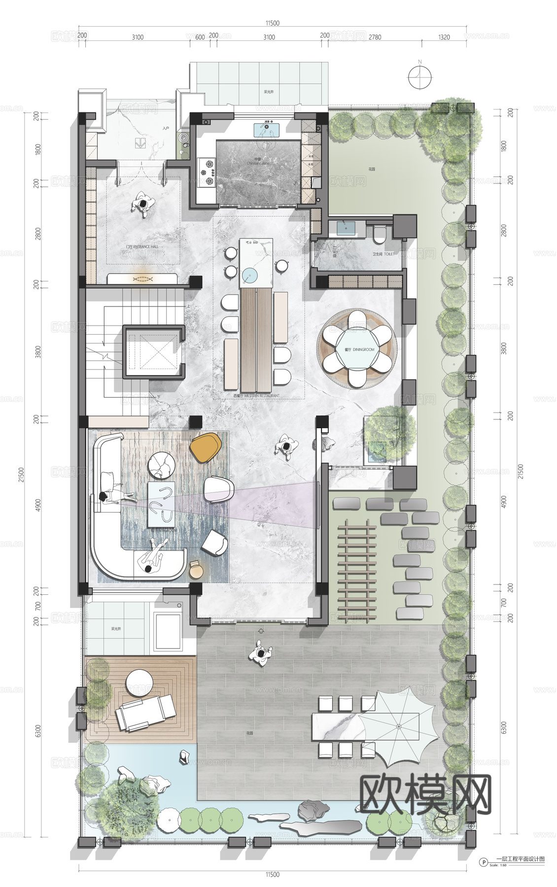 600平别墅平面CAD彩平+psdcad施工图