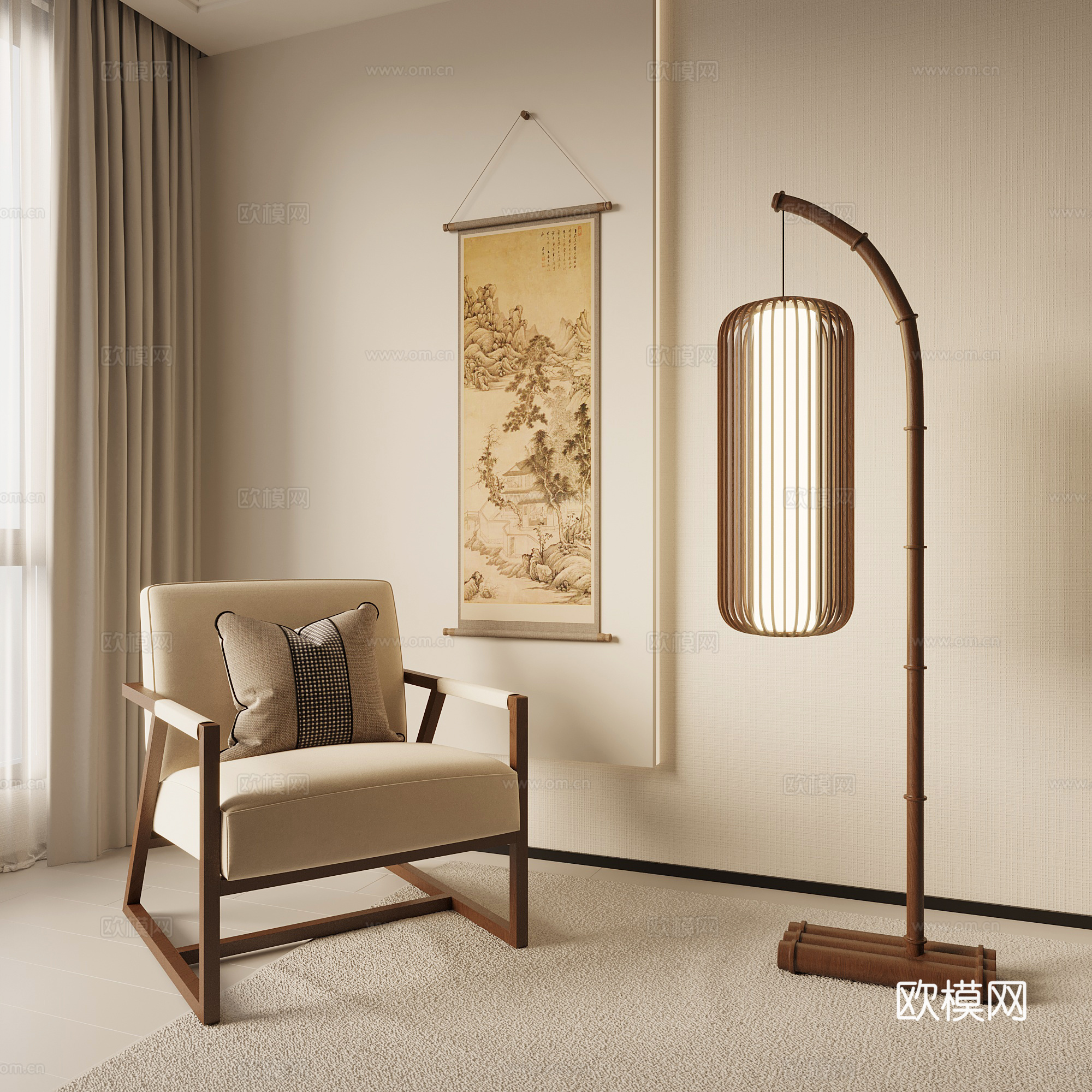 新中式休闲椅 扶手椅su模型